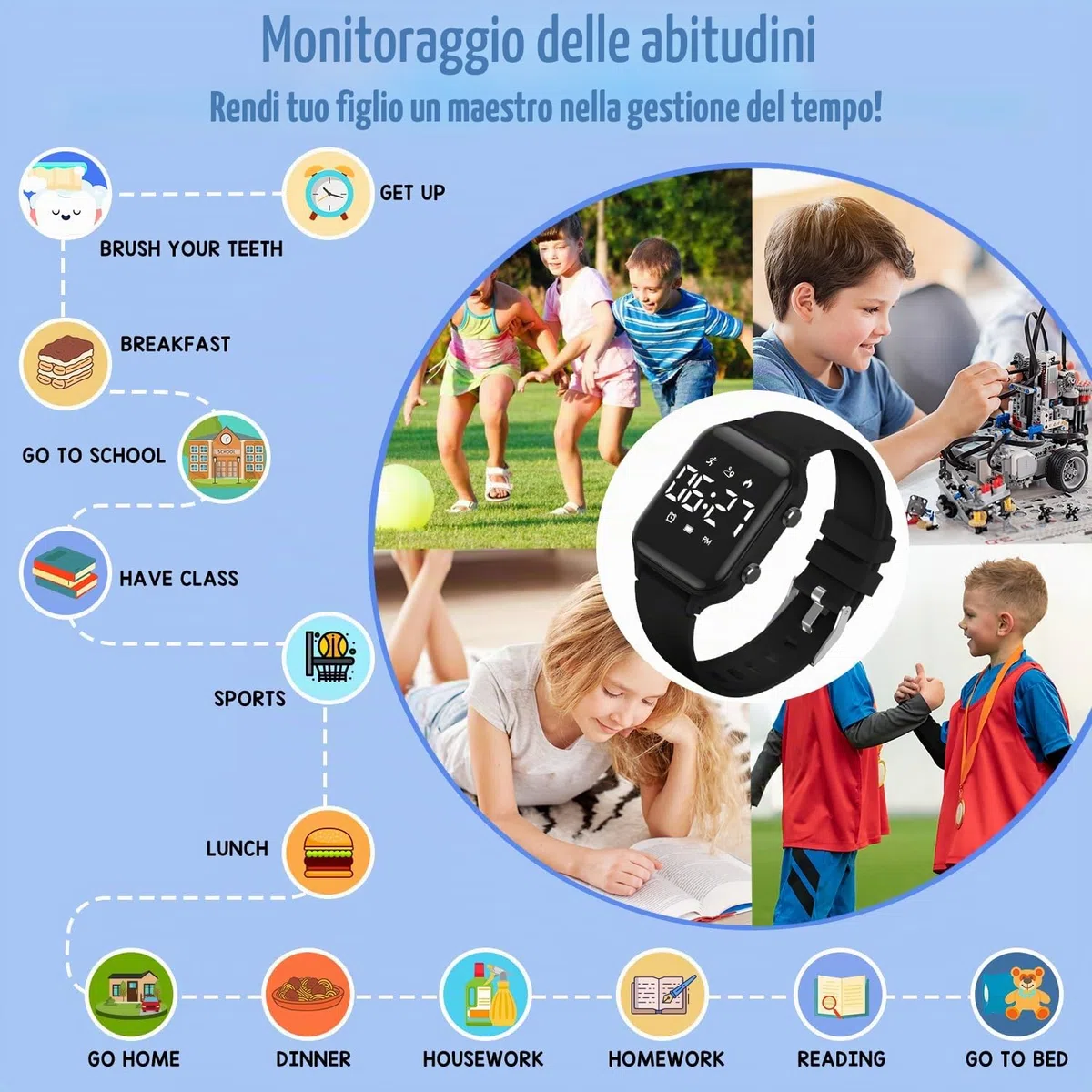 caprock Orologio digitale a LED per bambini, con contapassi, impermeabile fino a 50 atm, con calcolo della distanza/vibrazione, doppia sveglia/cronometro