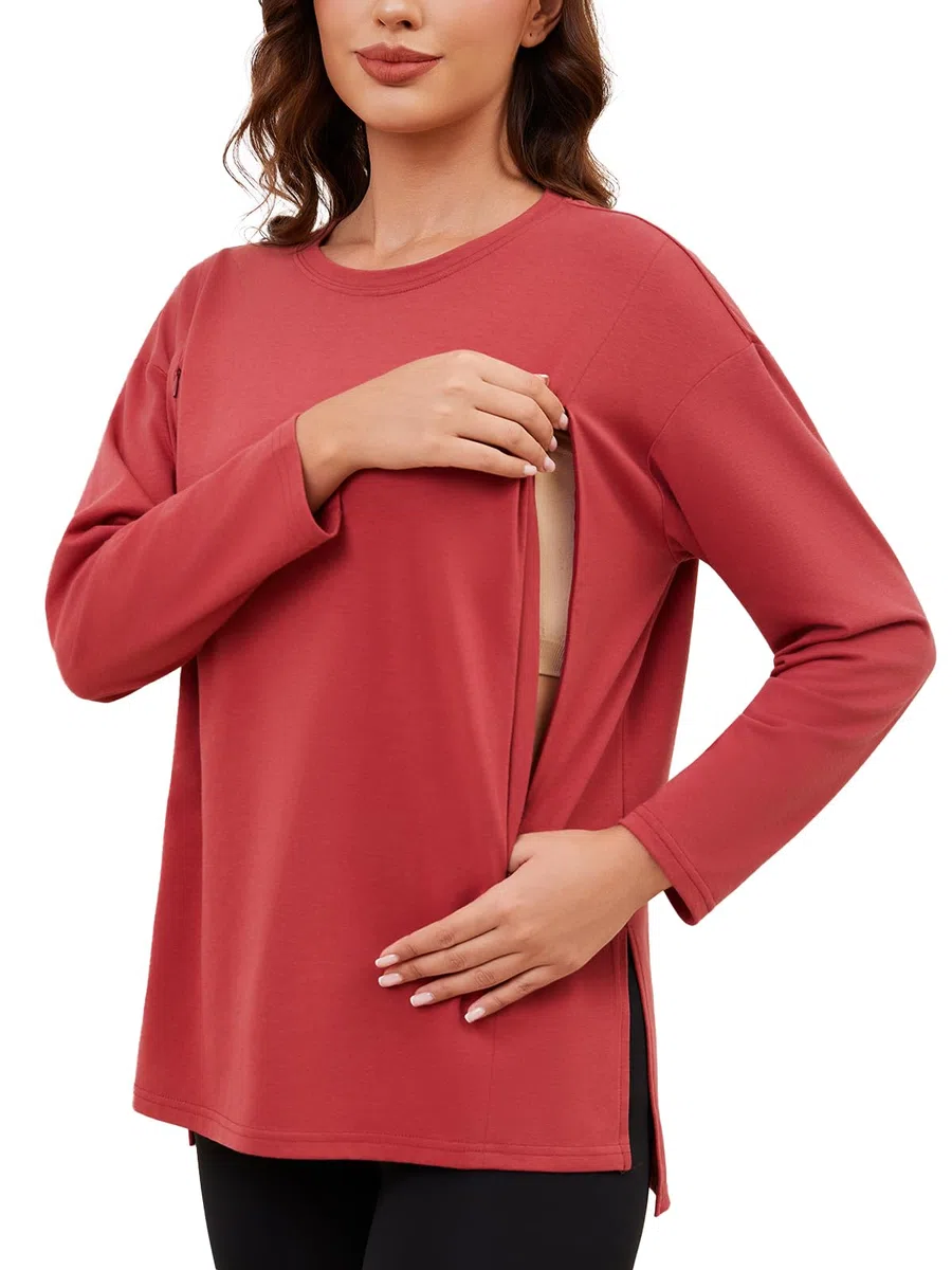 Maglietta da allattamento da donna, a maniche lunghe, con chiusura lampo nascosta, apertura per allattamento, abbigliamento premaman
