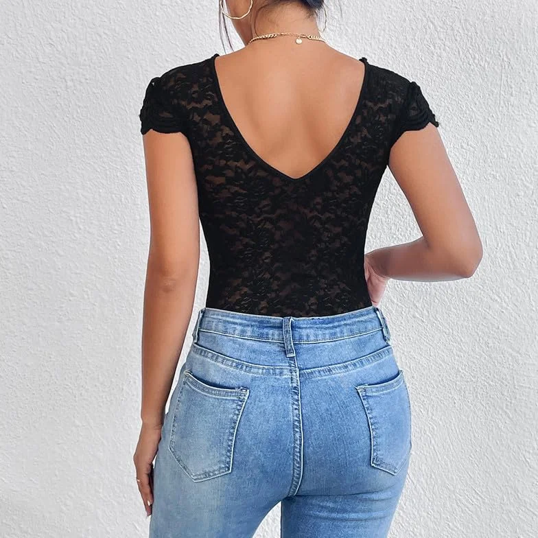 Haibang Body in Pizzo da Donna Sexy Scollo a V Bodysuit Top Floreale Aderente Camicetta a Maniche Corte Body Sottogiacca Elegante Cami Camicie Maglietta Blusa Clubwear