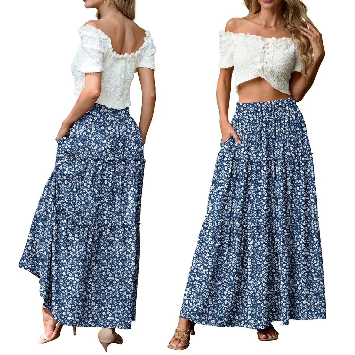 QIXING Gonna da donna in stile bohémien, a vita alta, maxi gonna estiva alla moda floreale carina con tasche