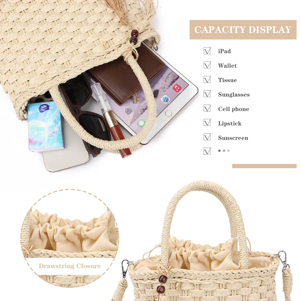 EVEOUT Borsa a Cesto in Paglia Intrecciate Donna con Tracolla Pochette Borsa a mano rafia spiaggia vacanze viaggio Estate