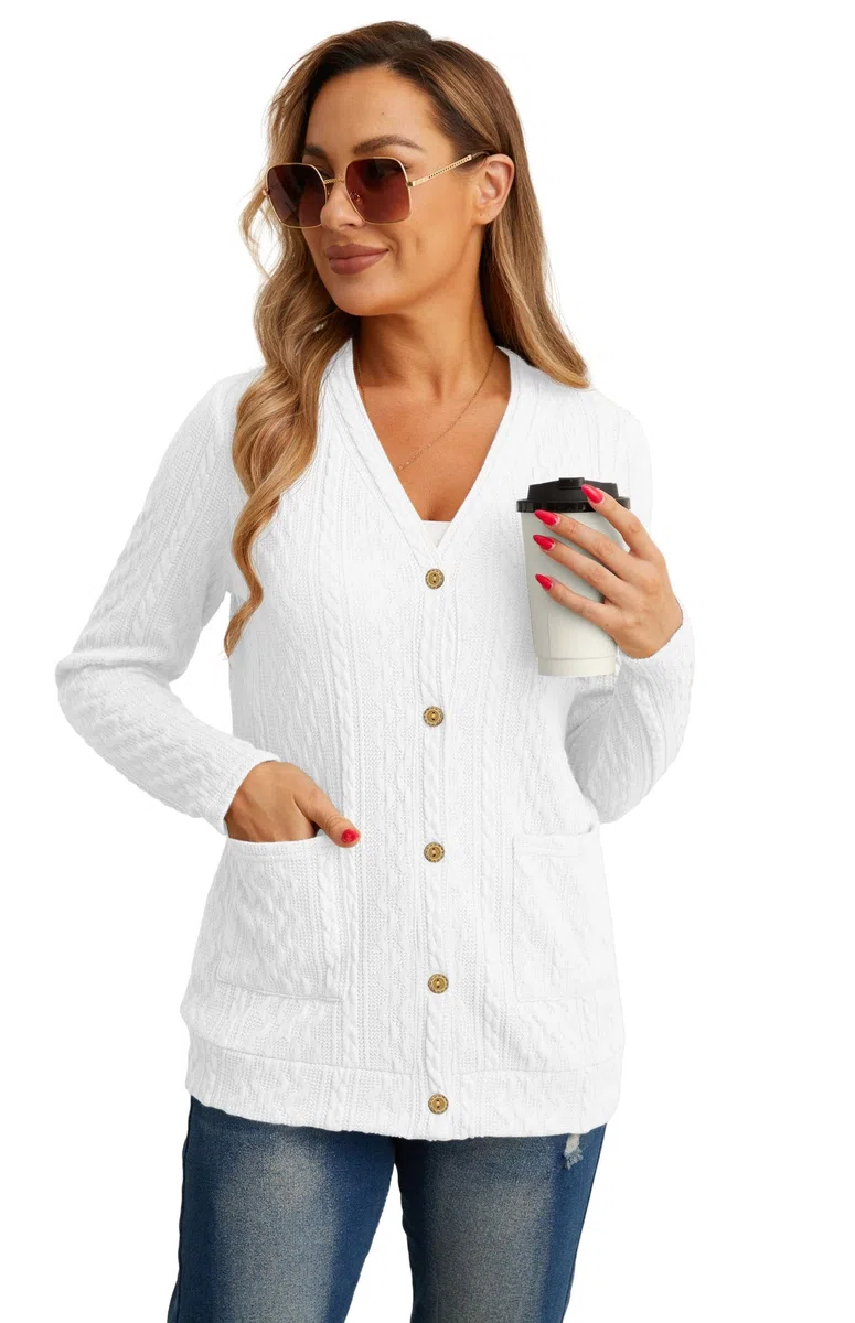 Cardigan Donna Giacca Maglioncino Cotone Donna Leggera Elegante Attorcigliato Casuale Solido Cardigan per l'Autunno con Bottoni, Scollo a V e Pratiche Tasche