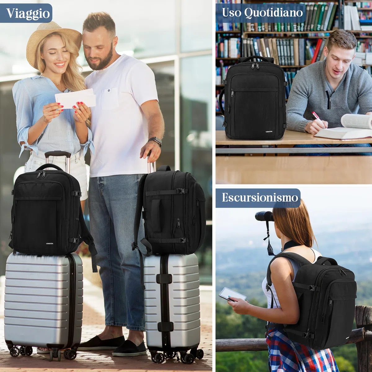 VSNOON Zaino da Viaggio, Estendibile Zaino Ryanair 40x30x20 24L a 30L con Tasca Umida, Impermeabile Bagaglio a Mano 40x30x20, Zaino Ryanair per PC Portatile 15" per ITA Airways Ryanair & EasyJet, Nero