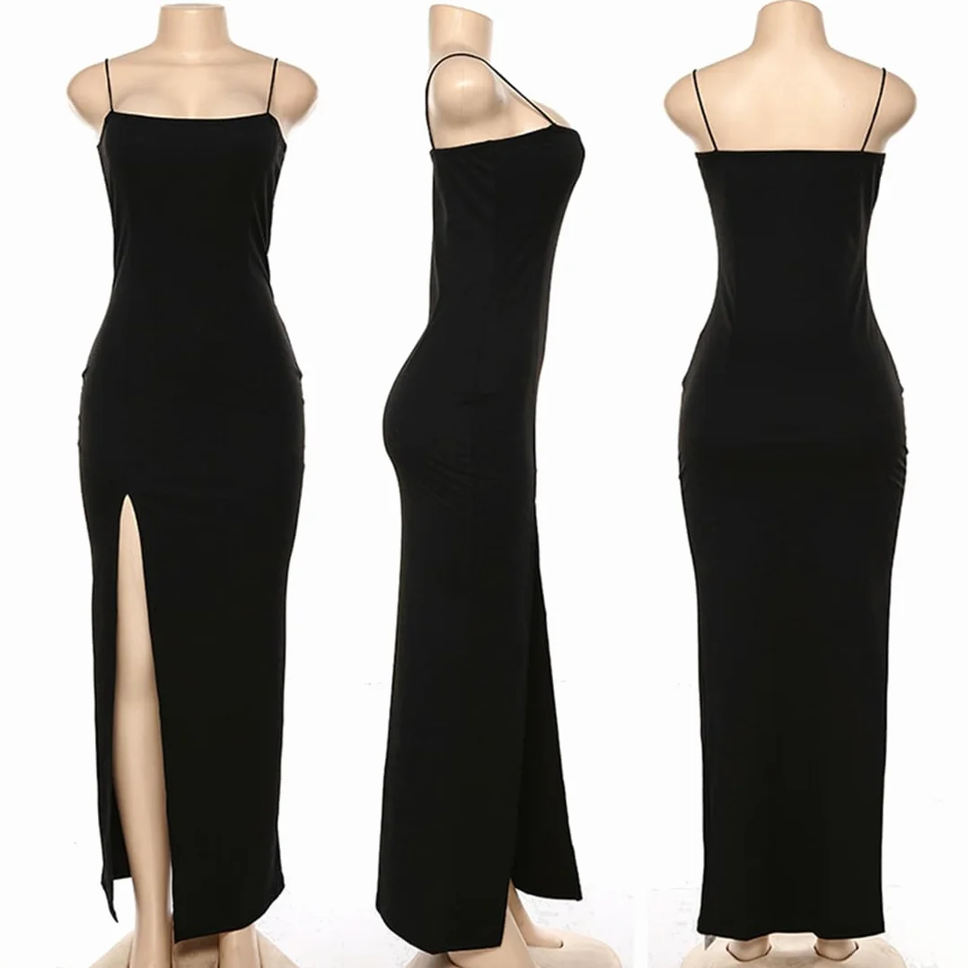 Vestito Aderente Donna Nero Sexy Abito Senza Manica Scollo a Abito Lungo Spaghetti Strap Vestito con Spacco da Sera Casual Cerimonia Matrimonio