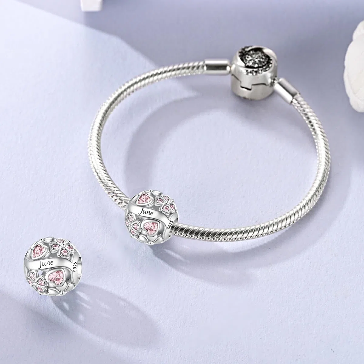 LNQOBU Birthstone Charms per Braccialetti, 925 Argento Sterling Perline di Fascino a Forma di Cuore con trifoglio Portafortuna, Ciondolo d'amore, Regalo di Compleanno per le Donne