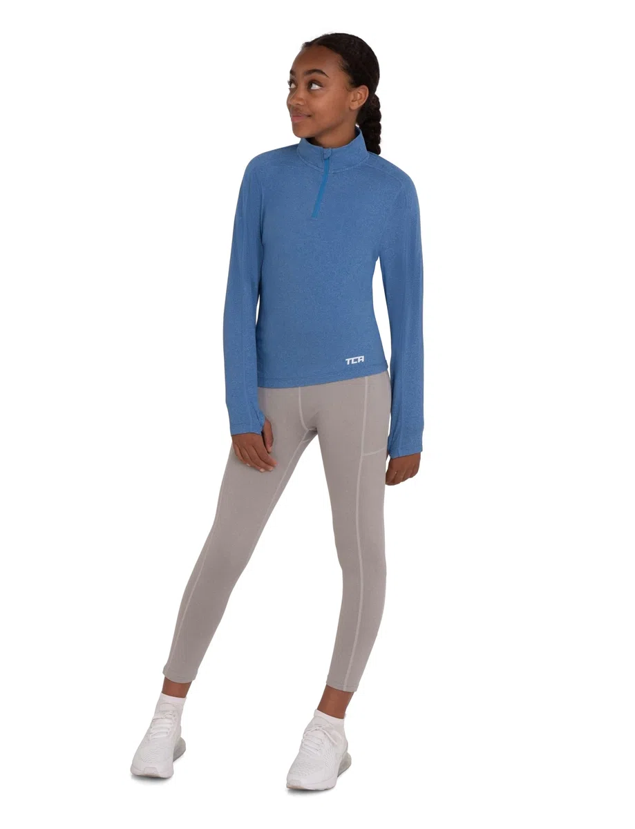 TCA Fusion Quickdry Maglia da Corsa A Manica Lunga da Bambina con Colletto e Mezza Zip