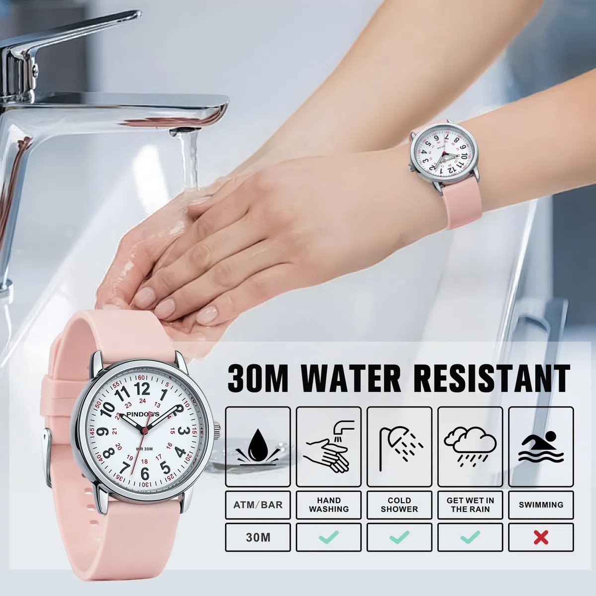 PINDOWS Orologi da polso analogici al quarzo da donna con cinturino in silicone per ragazze, signore, studentesse, facili da leggere, impermeabili.