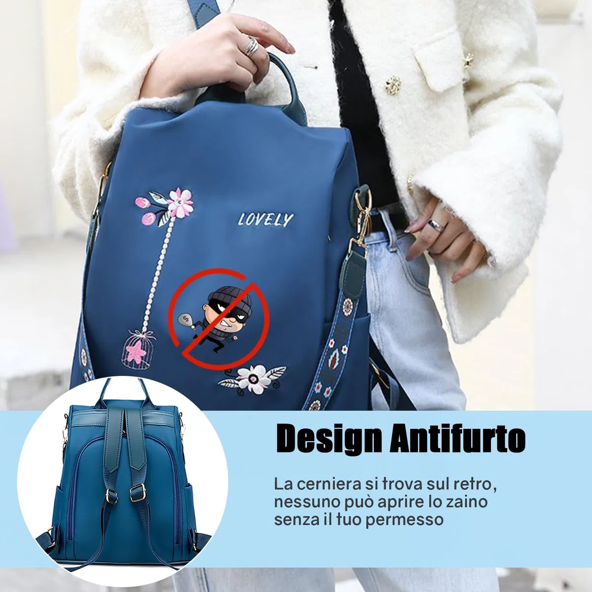 Zaino Antifurto Donna, Borse Zainetto Donna Impermeabile, Borsa a Tracolla Moda per Uscire, Lavoro, Viaggio, Scuola, Università