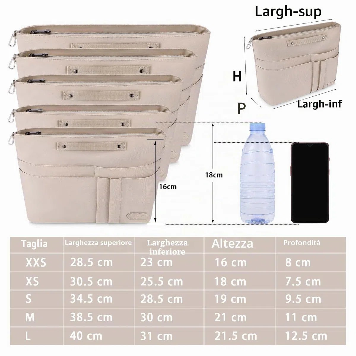 HyFanStr Organizer da Borsa Donna, Poliestere impermeabile Organizzatore Interno Purse, Organizer Borse con tasca con Chiusura Cerniera e Portachiavi Beige (M)