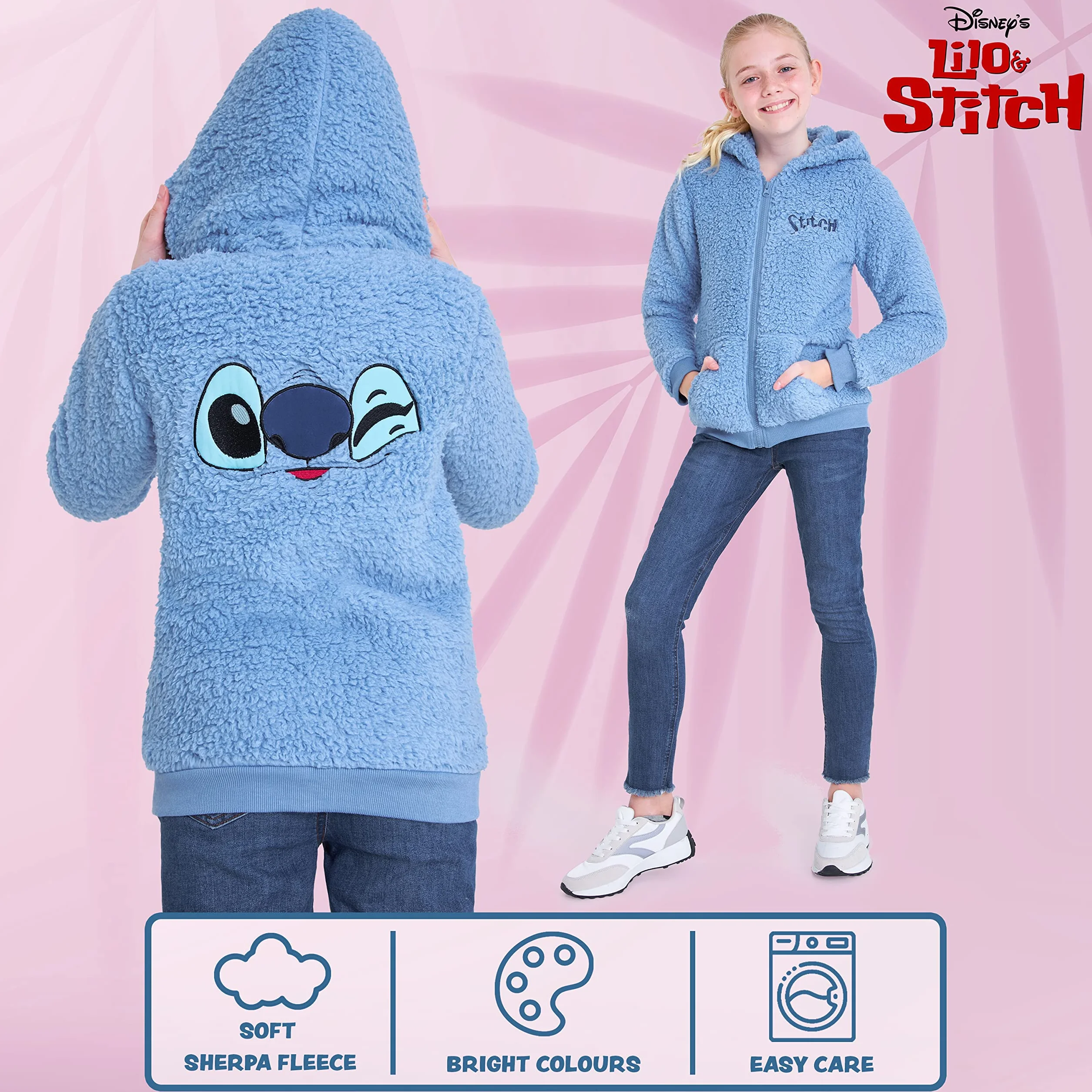 Disney Stitch Sherpa Hoodie for Girls, Zip Up Fleece Fluffy Hoodie for Kids Teens
