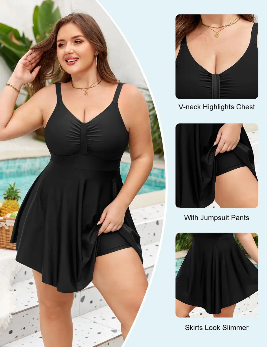 Costume Intero Donna Taglie Forti Costume da Bagno Sexy Scollo A V Push Up Costumi Donna Mare Gonna da Bagno con Pantaloncini Swimsuit Skirt Beachwear L-4XL
