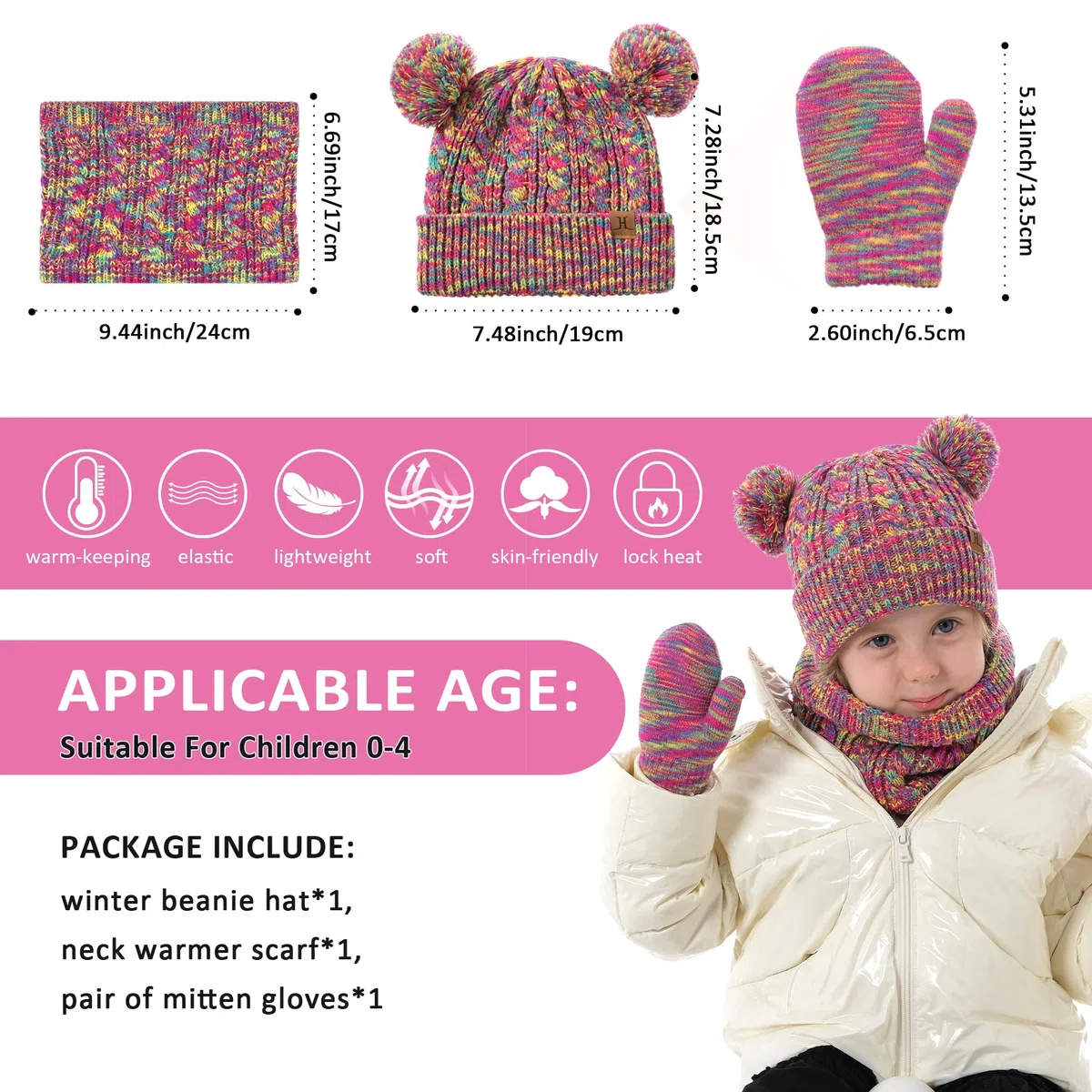 Invernale Cappello Berretto con Pon Pon Sciarpa Guanti Bambino, Termici Cappelli Berretti Manopole per 0-4 Anni Bambini Piccoli, Caldo Beanie Touch Screen Guanti per 5-8 Bimbo Bambina