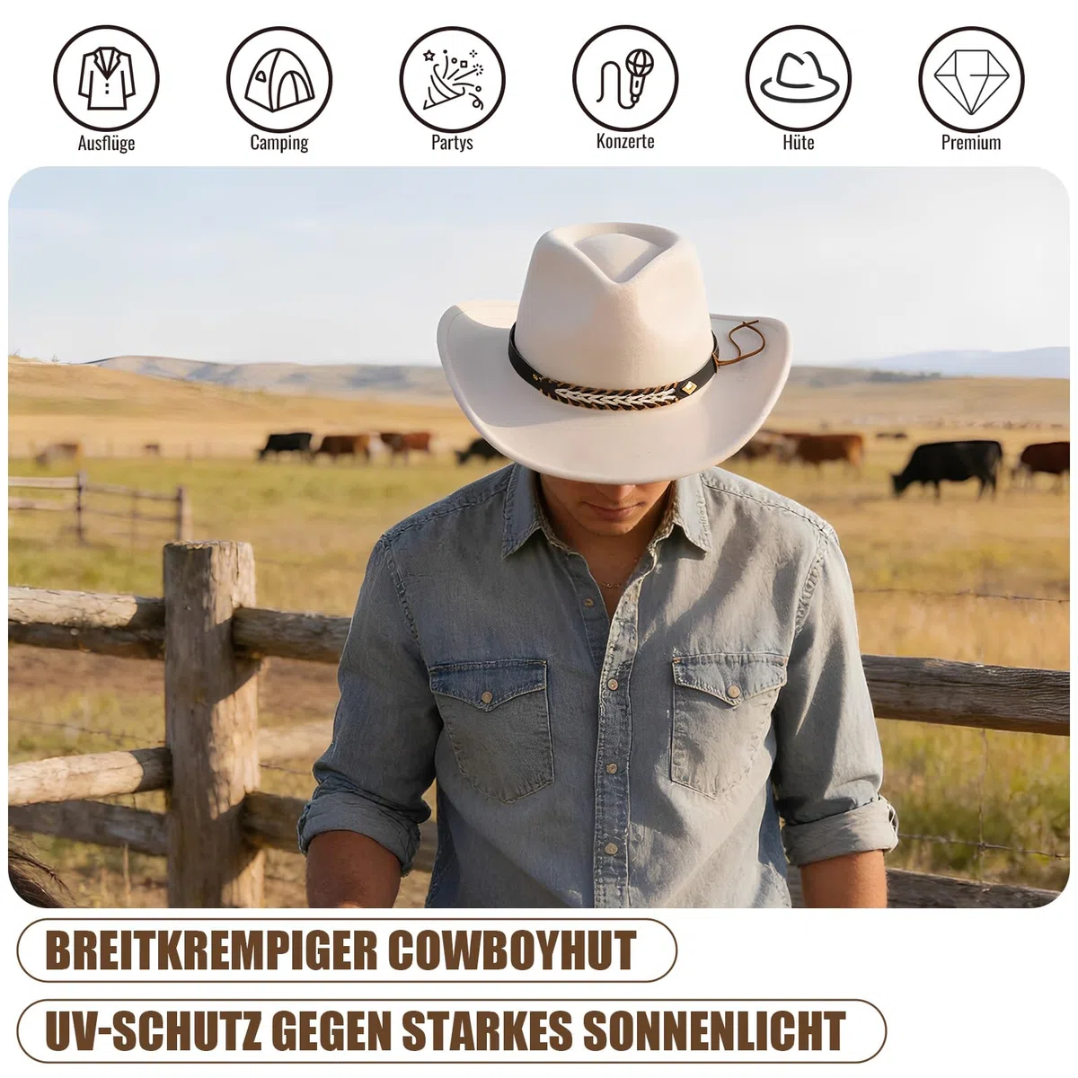 Classico cappello da cowboy, universale, da cowboy occidentale, per uomini e donne, adatto per campeggio, giardinaggio, vacanza, morbido ed elegante cappello da cowboy