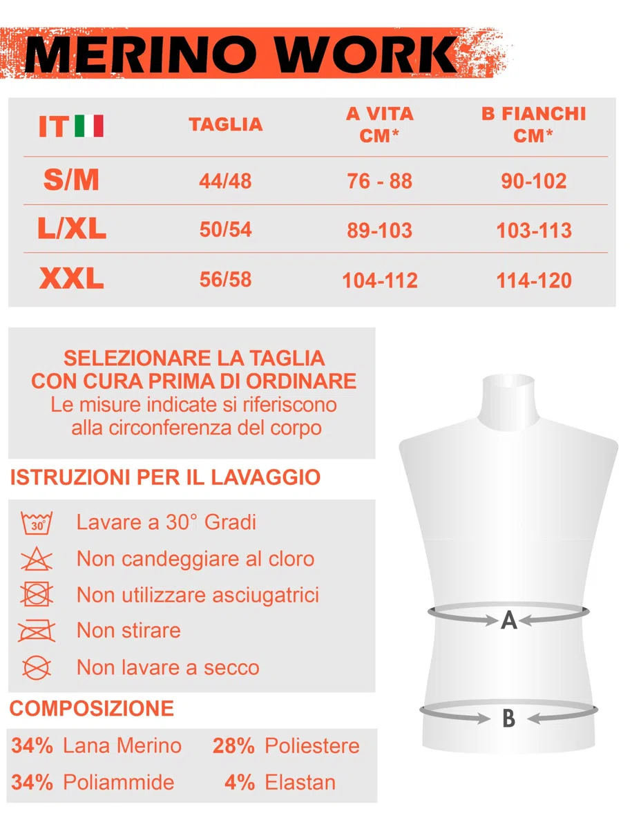 Calzamaglia Termica Uomo da Lavoro Lana Merino - Intimo Termico Uomo Invernale, Elasticizzato, Senza Cuciture, Traspirante e Termoregolante - Made in Italy