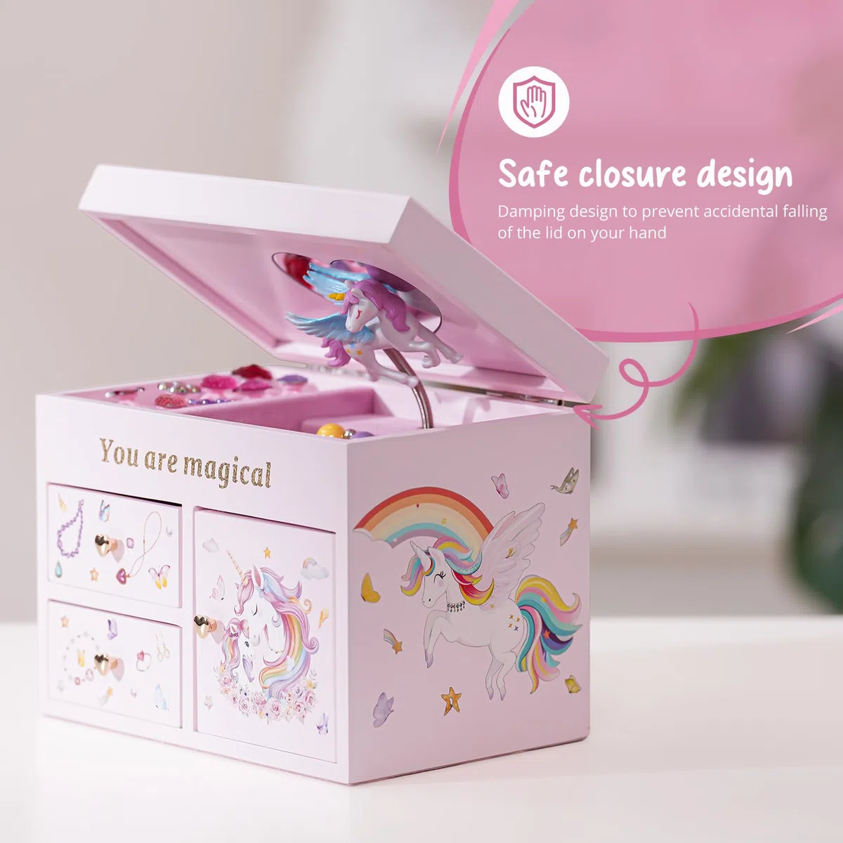 Lolalet Scatola di Gioielli in Legno con Unicorno per le Ragazze, Organizzatore di Gioielli per Bambini, Cassa di Gioielli per Collana Orecchini Bracciale Orologio Lipstick Anello -Rosa