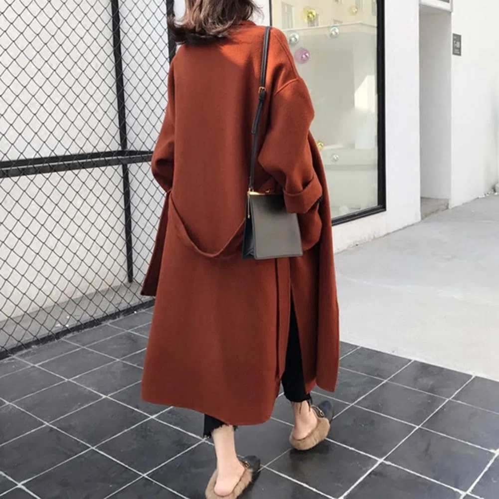 Cappotto da donna in cashmere a doppia faccia giacca lunga sopra il ginocchio giacca in lana coreana con cintura capispalla di colore puro cappotto invernale da donna casual manica con