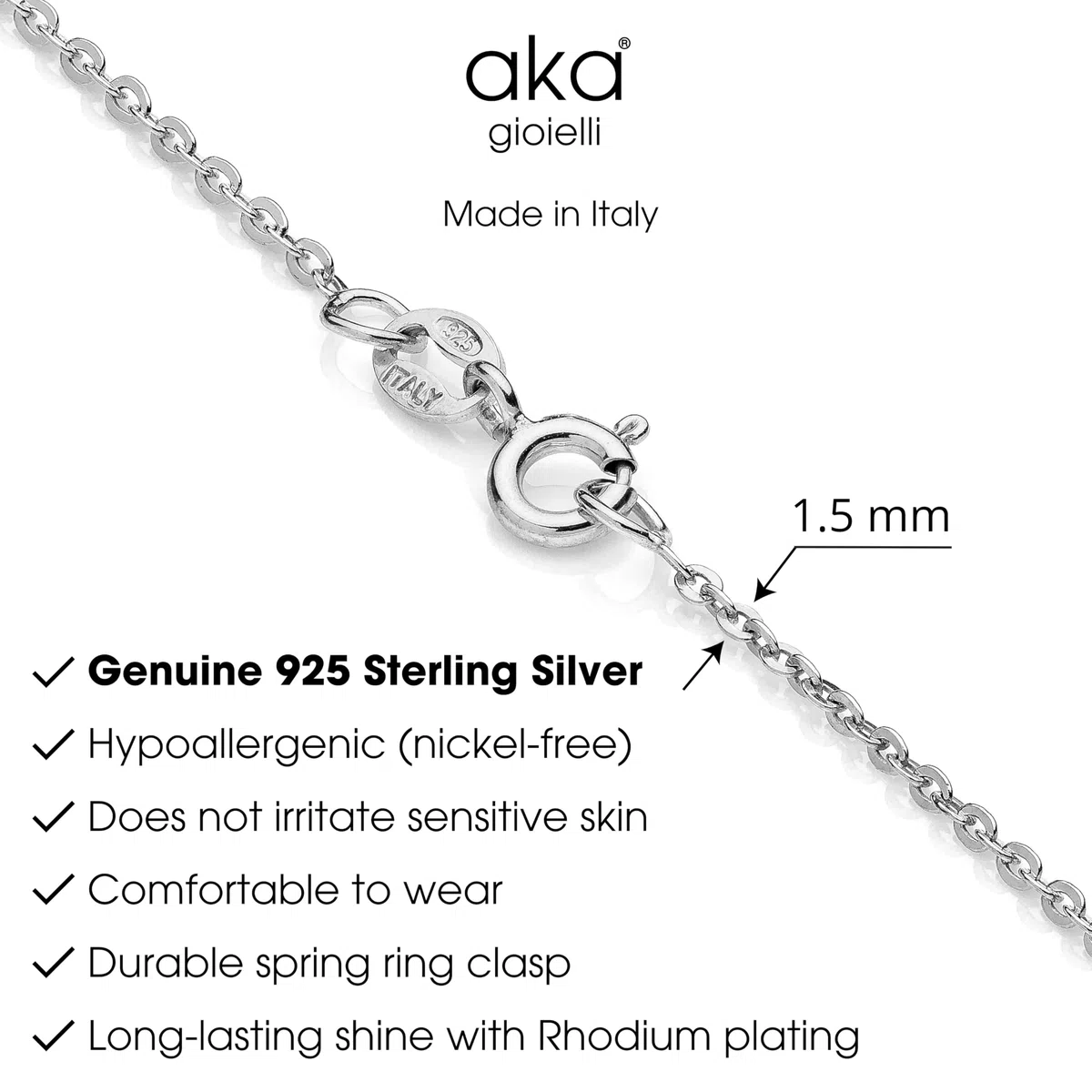 Aka Gioielli® - Catenina Forzatina Rolò Laminata 1.5 mm Argento Sterling 925 Rodiato - Collana Fine Donna Argento 925 Lunghezze: 35 40 45 50 55 60 65 70 80 cm