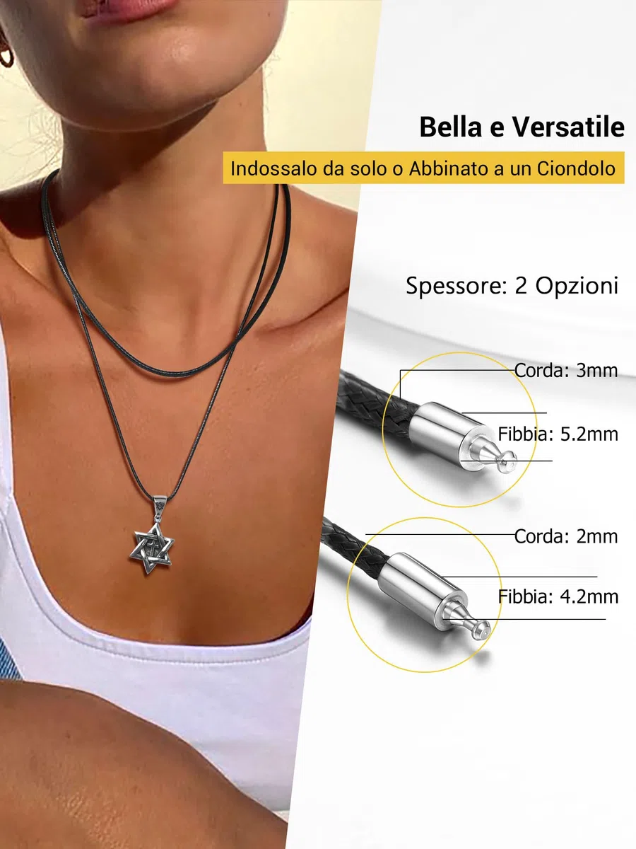 PROSTEEL 2MM Collana in Pelle Caucciu Cordina Nera Impermeabile Uomo Acciaio 41-76CM Corda di Cuoio Accessori Ciondoli