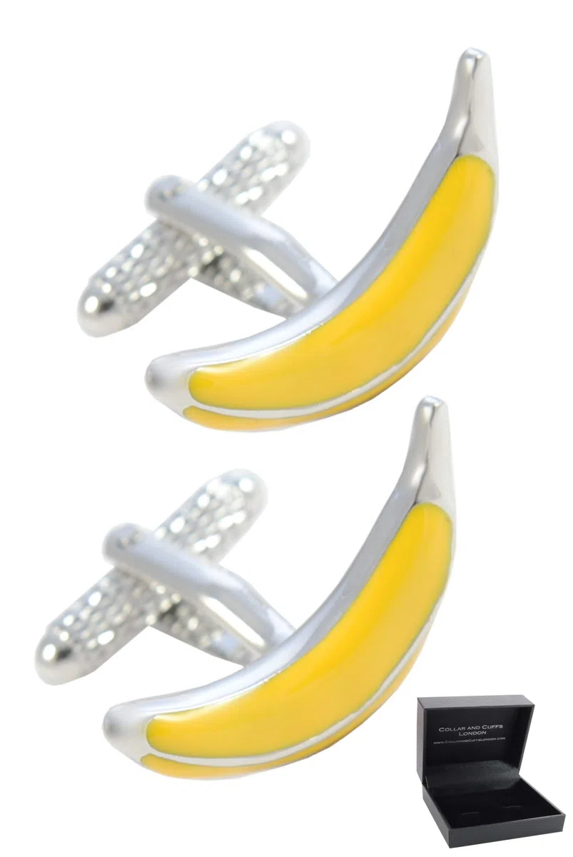 Gemelli Camicia Uomo Divertenti - Con Scatola - Banana - Ottone - Cibo Frutta - Colori Giallo e Argento - Un Paio