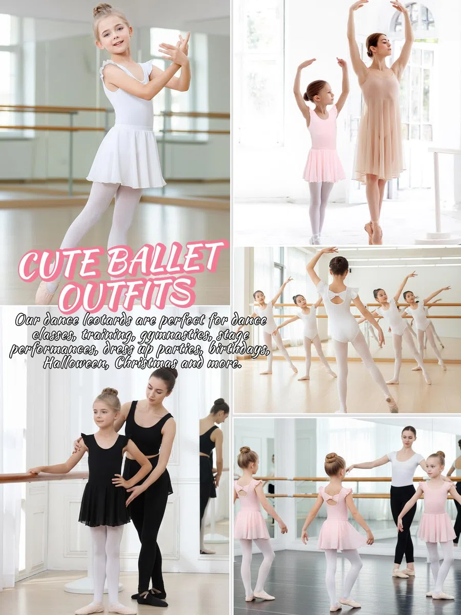 Body da danza per ragazze, con maniche svolazzanti, in cotone, con gonna rimovibile, vestito da ballerina per 3-11 anni