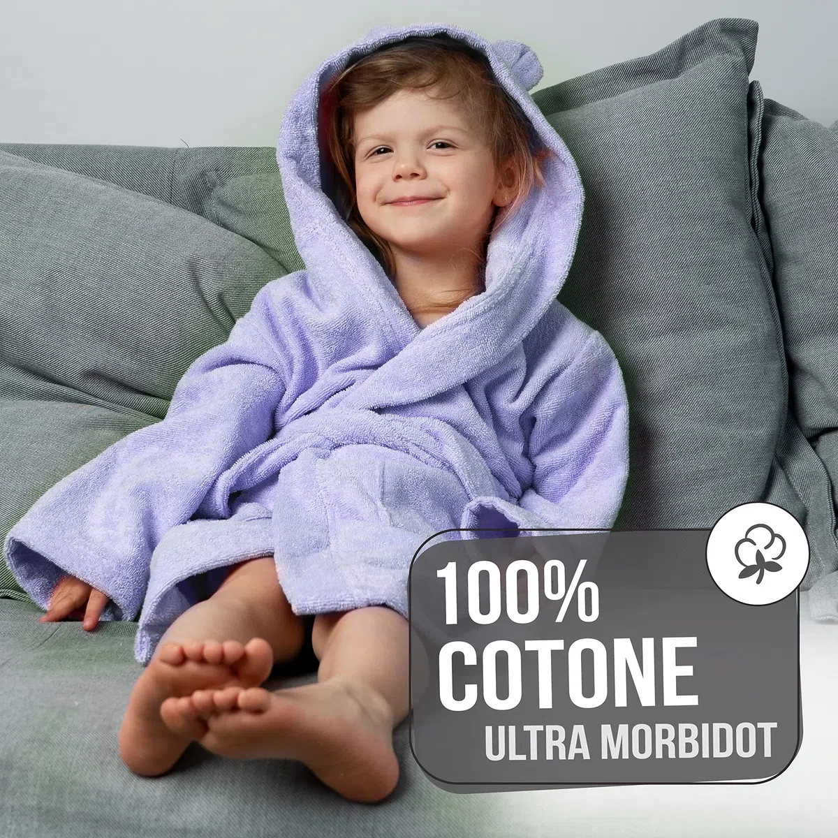 Twinzen - Accappatoio Bambini Cotone : Ragazzo e Ragazza - 100% Cotone OEKO-TEX® Senza Prodotti Chimici - 2 Tasche, Cintura, Cappuccio con Orecchie