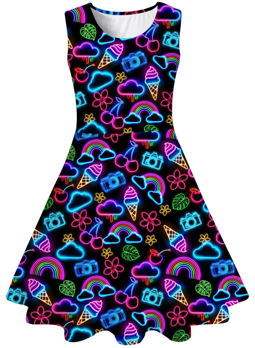 Kids4ever Vestiti per Ragazze Senza Maniche Vestito Estivo Stampa 3D Girocollo A-Line Altalena Pieghettato Abito a Sirena Galassia Festa Principessa Compleanno Abito 4-12 Anni