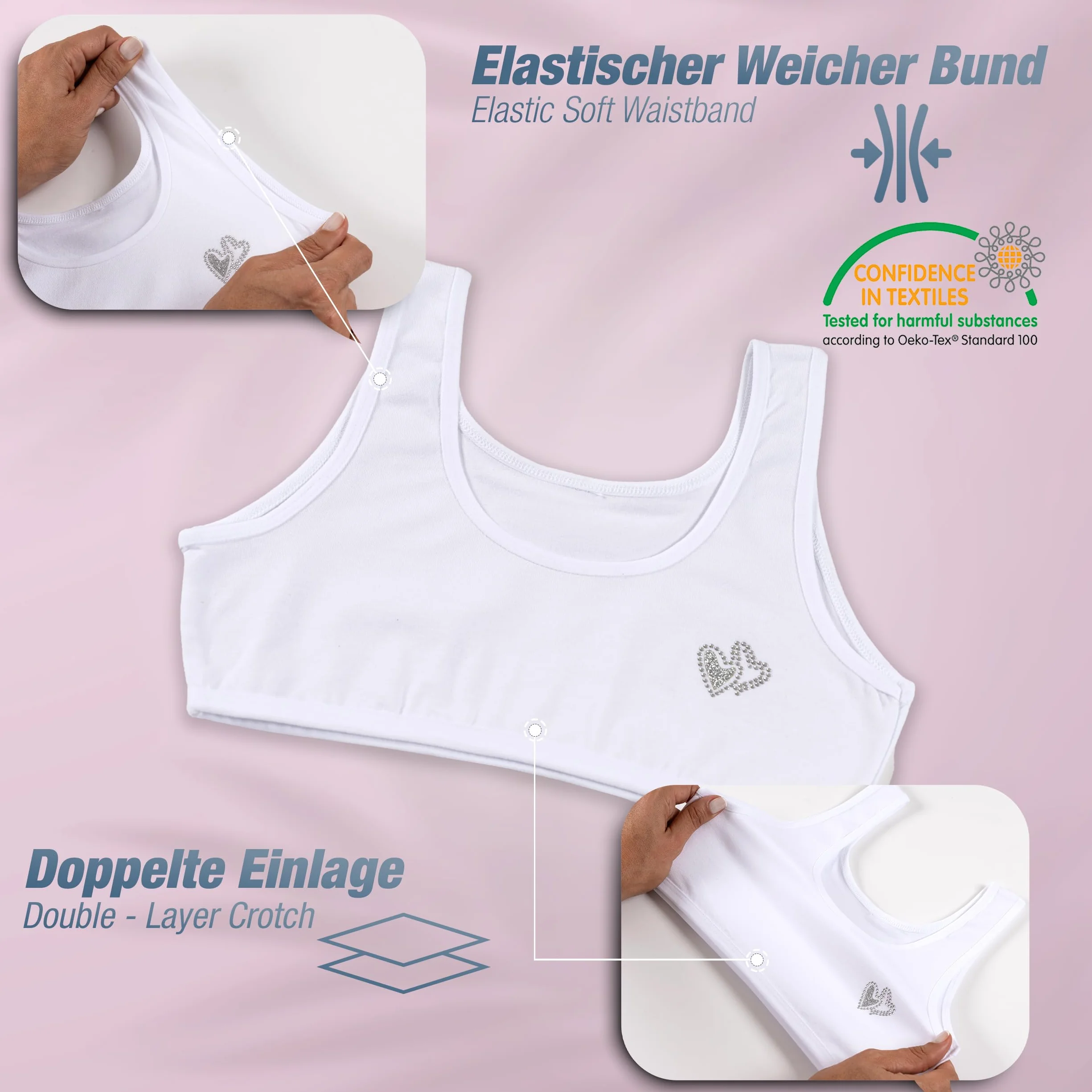 LOREZA ® 5 Reggiseno per Bambina da Allenamento Pietre di Strass Sportivi in Cotone Reggiseni - 10-15 Anni