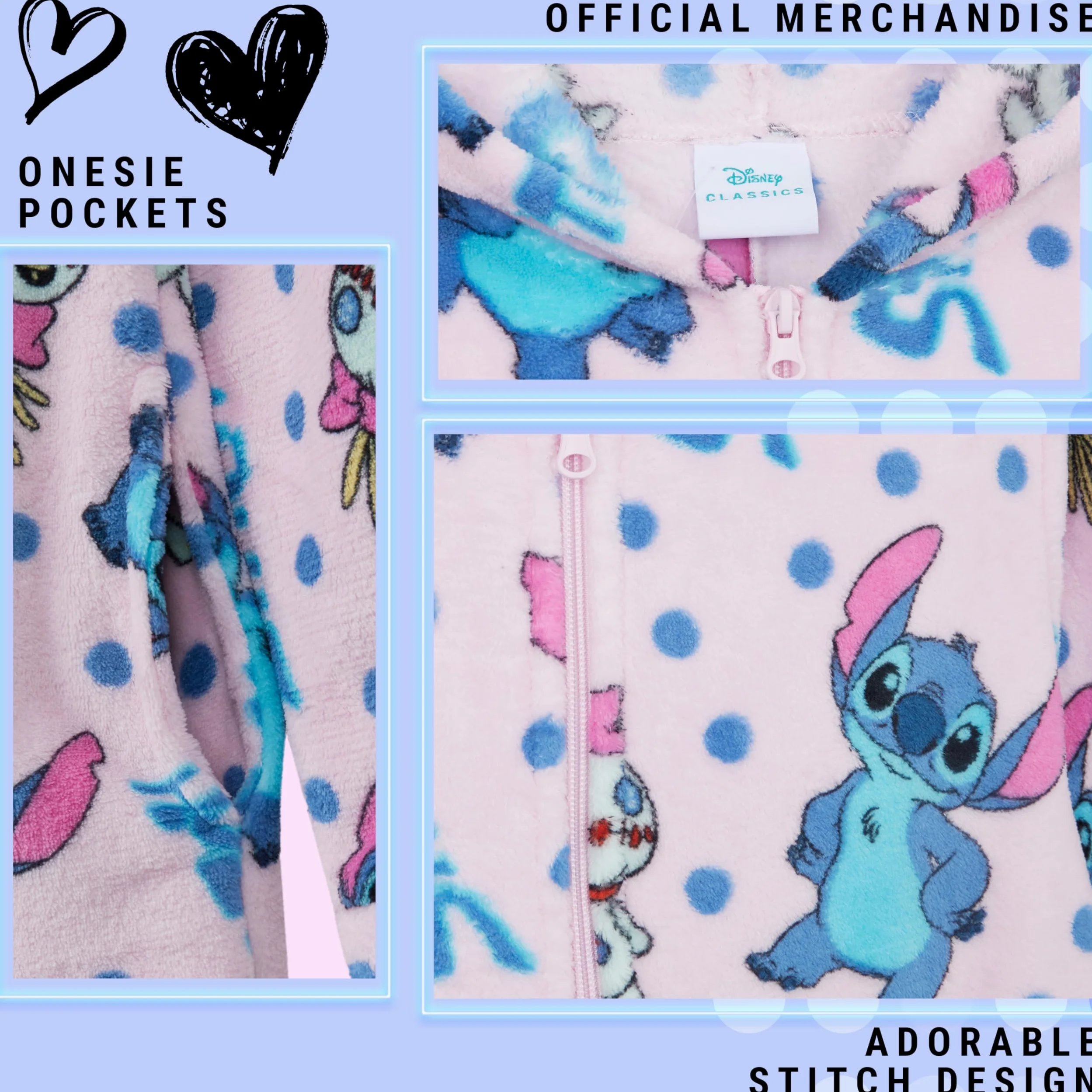 Disney Stitch Pile Pigiami Interi con Cappuccio Bambina, Accogliente Pigiama Set