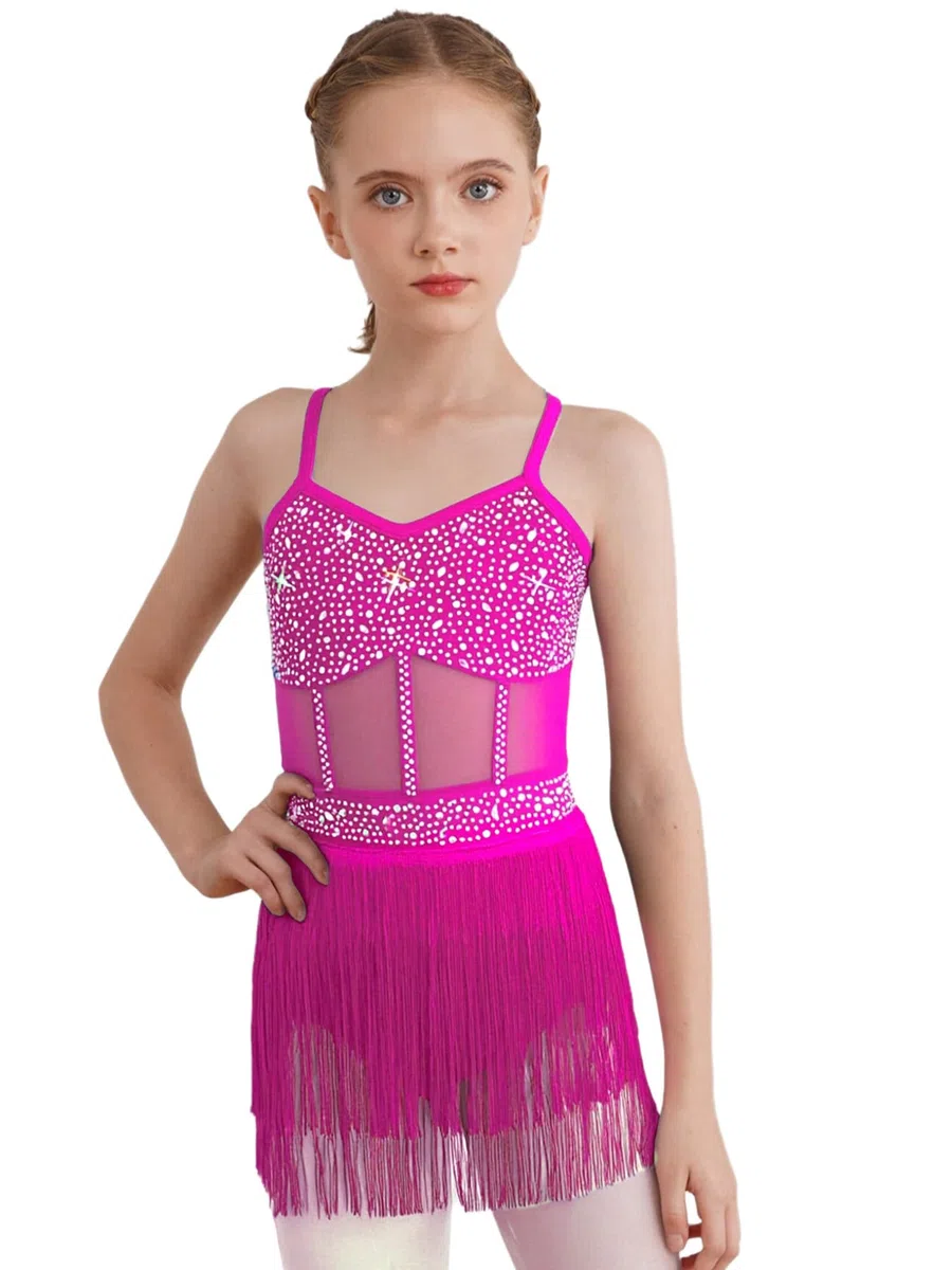 Kaerm Body Ginnastica Ritmica Bambina Abito da Ballo Latino Americano con Frange e Nappe Vestito da Danza Classica Moderna Costume Danza Samba Rumba Salsa Dancewear