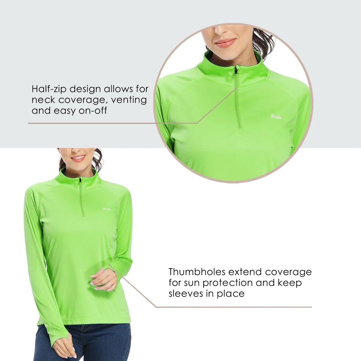 Willit Maglia da donna UPF 50+ protezione solare SPF manica lunga leggera mezza zip Golf Outdoor Shirt Quick Dry