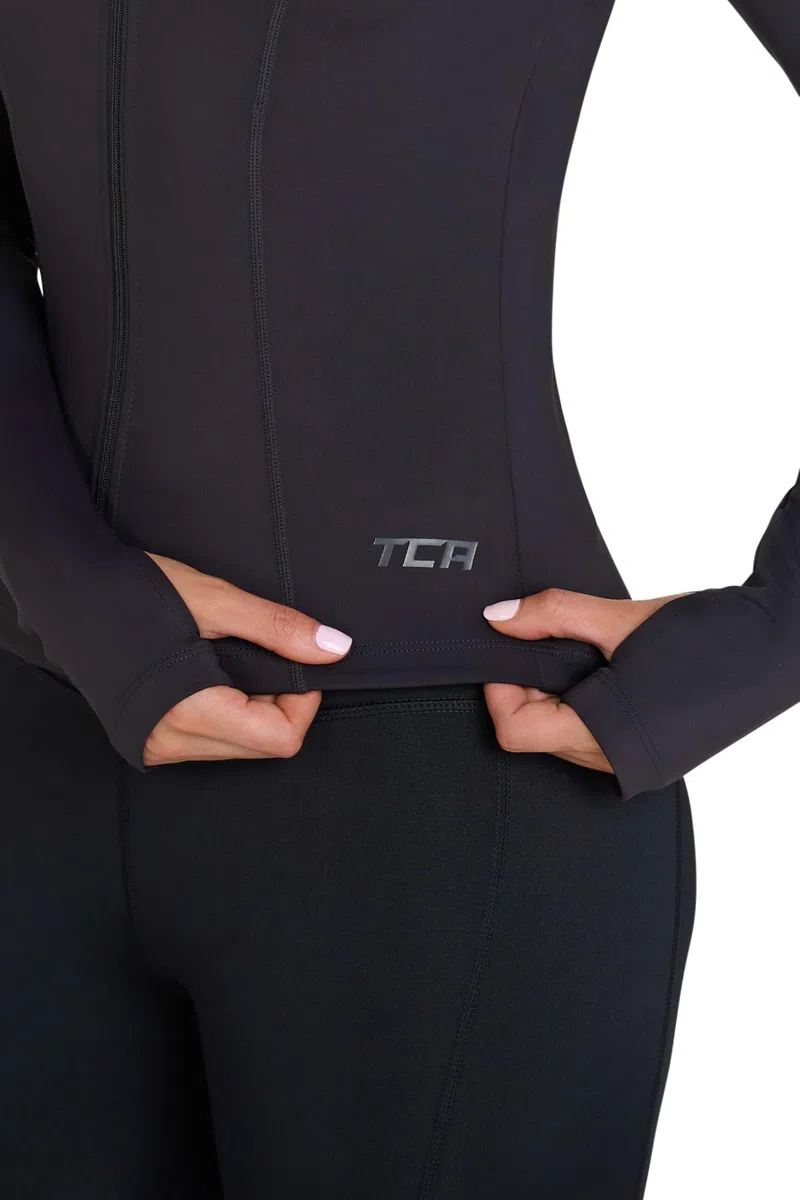 TCA Giacca da corsa da donna Top da palestra a maniche lunghe da donna, giacca sportiva con cerniera completa, giacche da palestra leggere