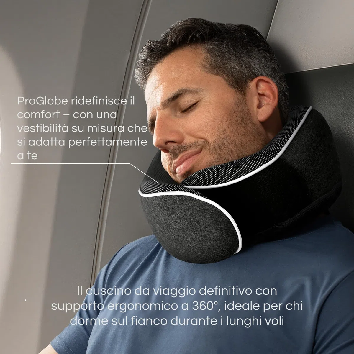 Proglobe Cuscino cervicale aereo, cuscino da viaggio, 100% memory foam, cuscino ortopedico, per viaggi con aereo, auto, treno, con maschera 3D, borsa a rete di alta qualità, Grigio scuro
