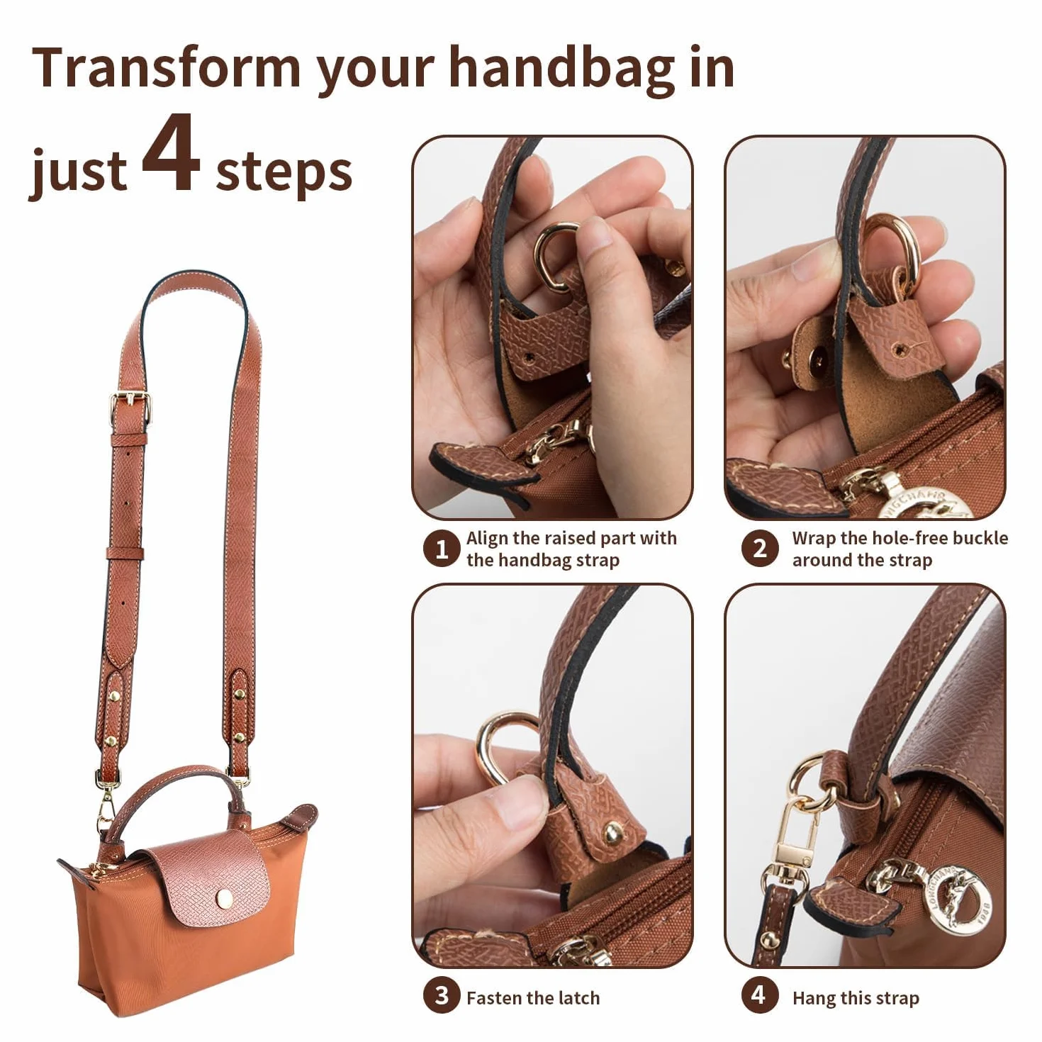 Cinghia Tracolla per Borsa, Tracolla per Longchamp Borsa Donna, Cinghia in Pelle Sostituibile per Mini Le, Raccordi Regolabili Strap No-Punch per Ricambio Pliage