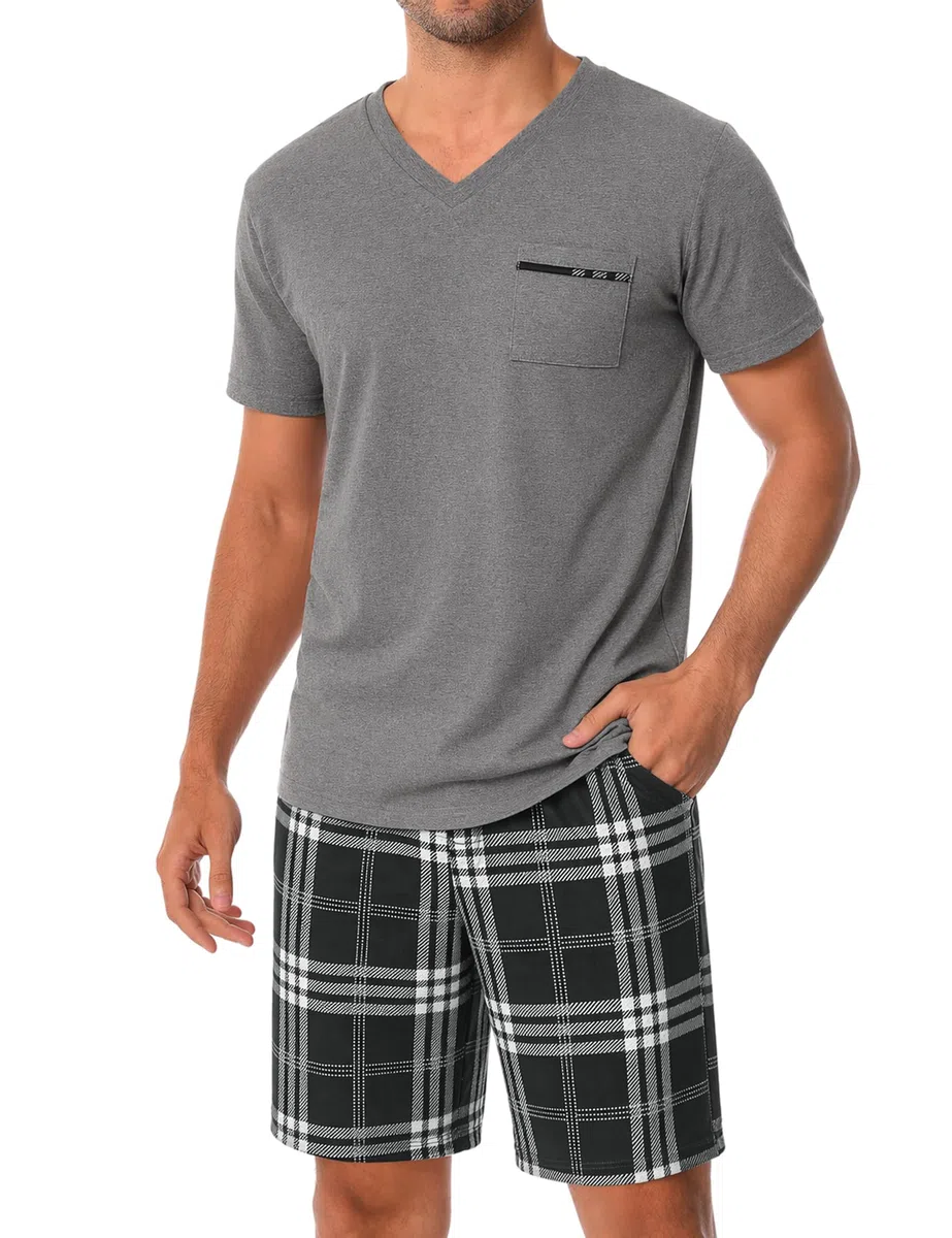 Bresdk Pigiama Corto Estivo Uomo Cotone Maglietta a Maniche Corte e Pantaloncini 2 Pezzi Pigiami con Scollo a V