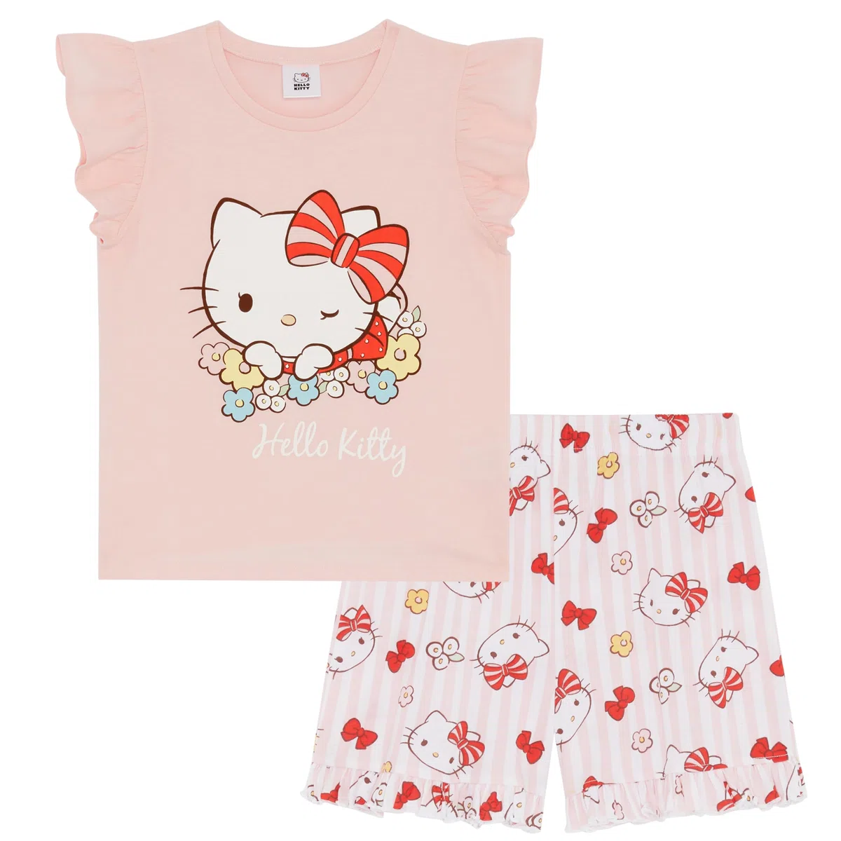 Hello Kitty Pigiama Corto da Ragazza con Maniche a Balze 100% Cotone, Rosa