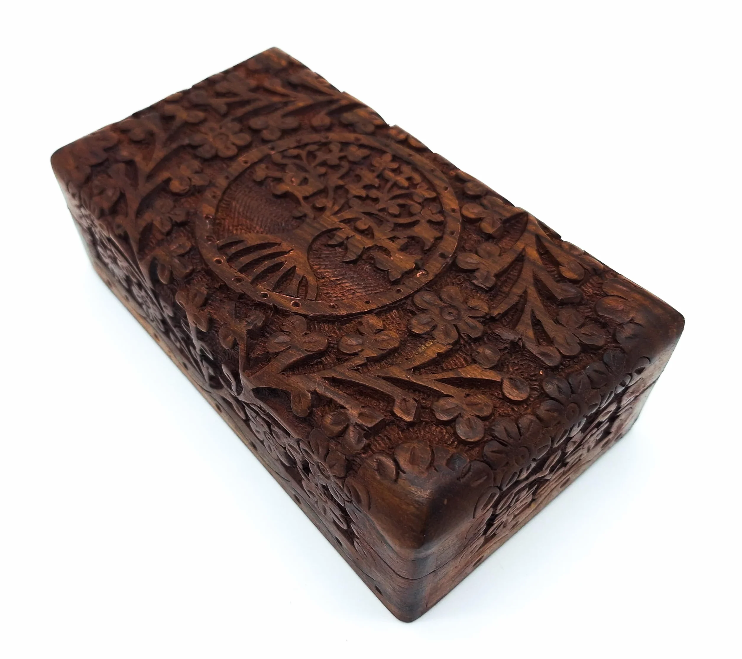 Scatola in legno fatta a mano, misura M, con albero della vita, per gioielli, per famiglia, spiritualità, stile di vita, India (dimensioni M 17 x 9,5 x 5,5 cm, peso circa 375 g)