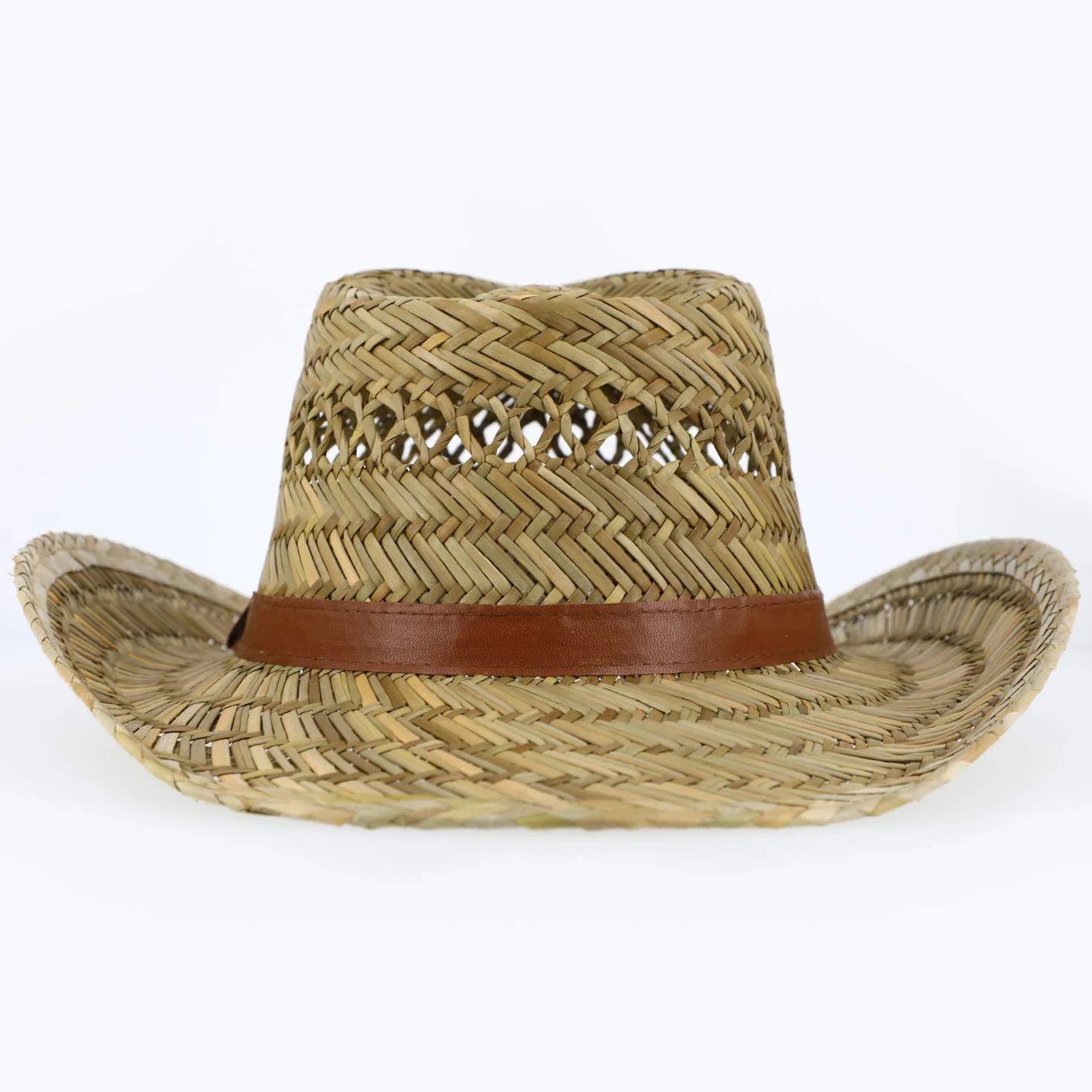 fiebig Cappello di Paglia Australiano per Donna e Uomo | Cappello da Cowboy in Paglia | Cappello Occidentale con Fascia in Finta Pelle | Cappello da Sole per la Primavera e L'Estate