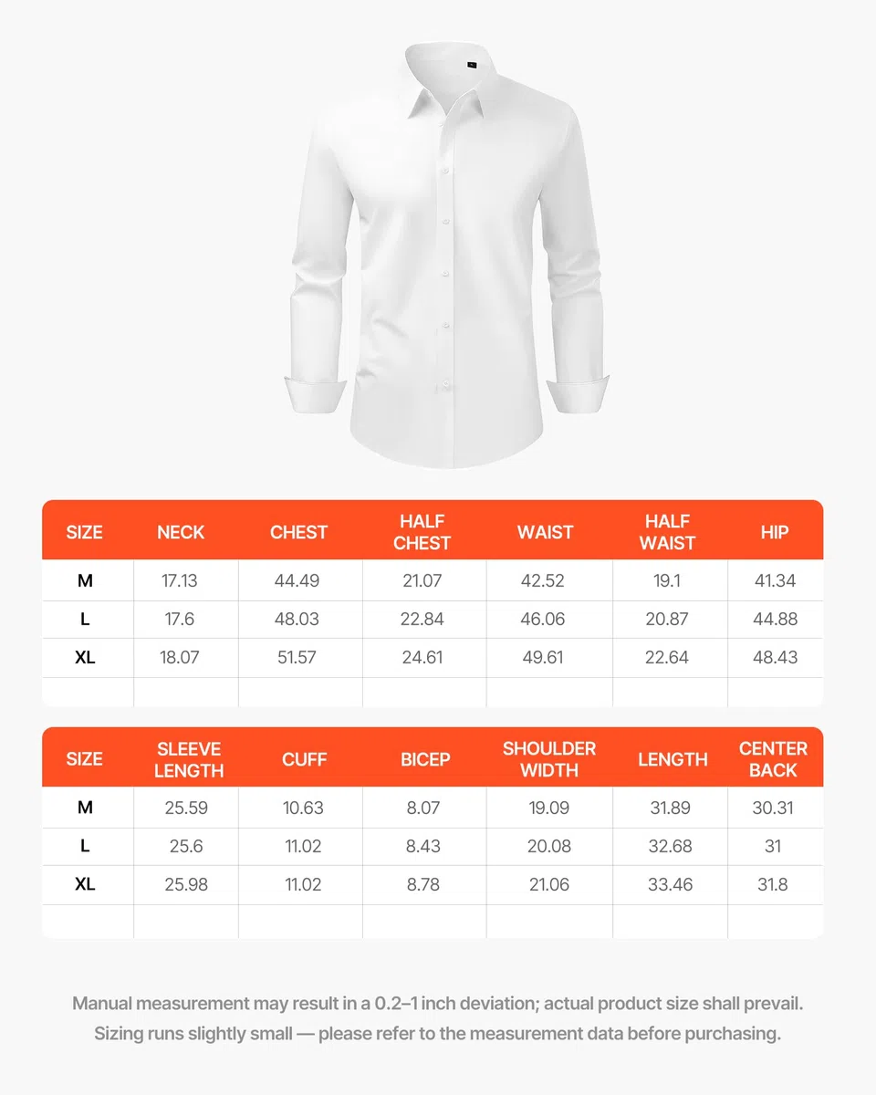 VEVOR Camicia da Uomo con Bottoni, Maniche Lunghe Antipiega, vestibilità Slim Fit in Tessuto Morbido ed Elasticizzato per Abbigliamento Casual o Formale da Lavoro, Lavoro, Matrimonio, Cena, Bianco