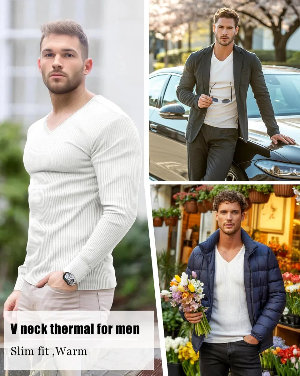 Lehmanlin Maglie Termiche da Uomo a Maniche Lunghe,Intimo Termico Uomo,Maglietta Basica con Scollo a V per Autunno e Inverno, Maglia Termica a Doppia Maglia