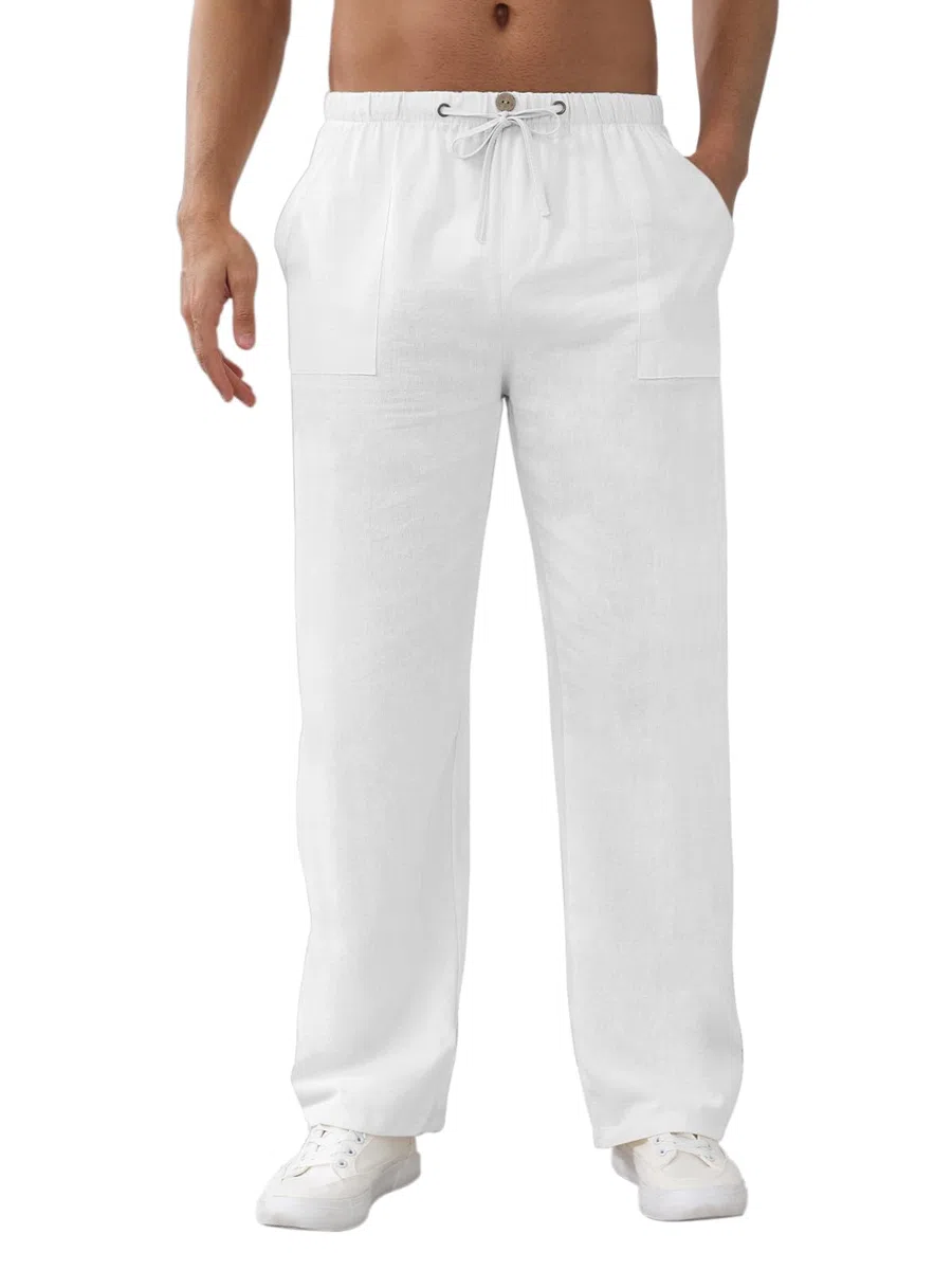 Pantaloni Uomo Estivi Pantaloni in Lino Pantaloni Uomo Estivi Leggeri Pantalone Larghi per Il Tempo Libero con Tasche, Elastico in Vita e Coulisse