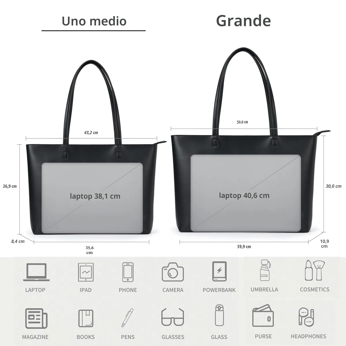 KALIDI - Grande borsa a mano da donna in pelle sintetica PU, shopper, tote bag, impermeabile, con chiusura lampo, per lavoro, viaggi, shopping, scuola