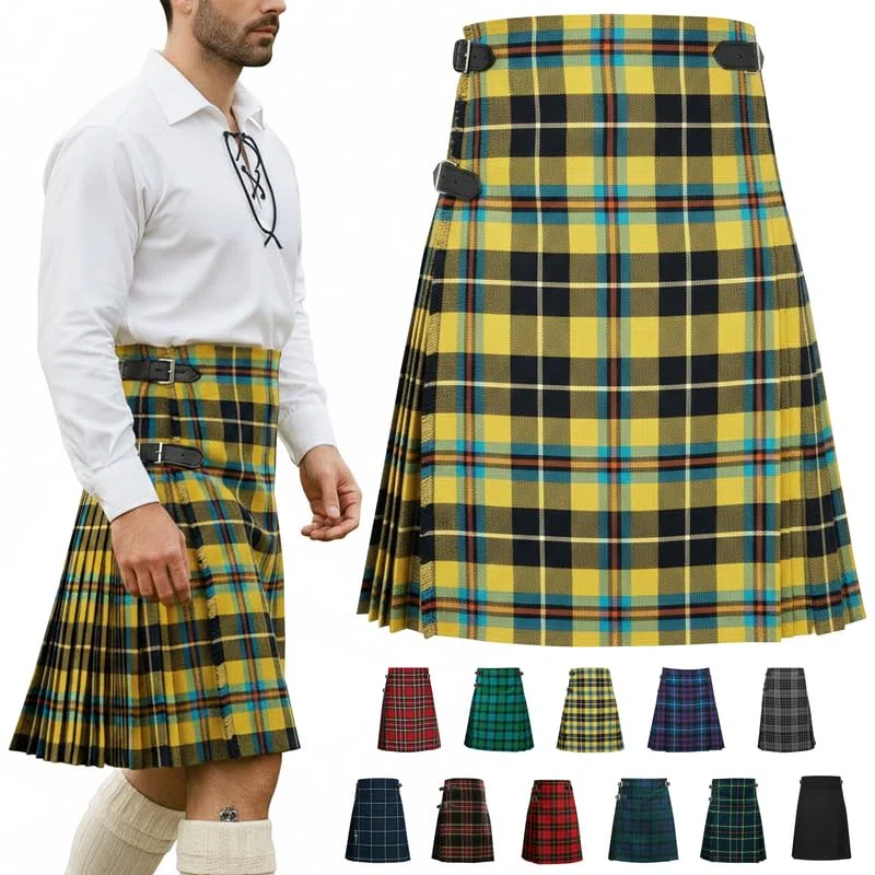 Kilt scozzese da uomo da 4,7 m, vari disegni scozzesi, taglie vita 76,2-116,8 cm, occasioni scozzesi come feste di addio al celibato, eventi formali, poliestere e cotone, cinghie in
