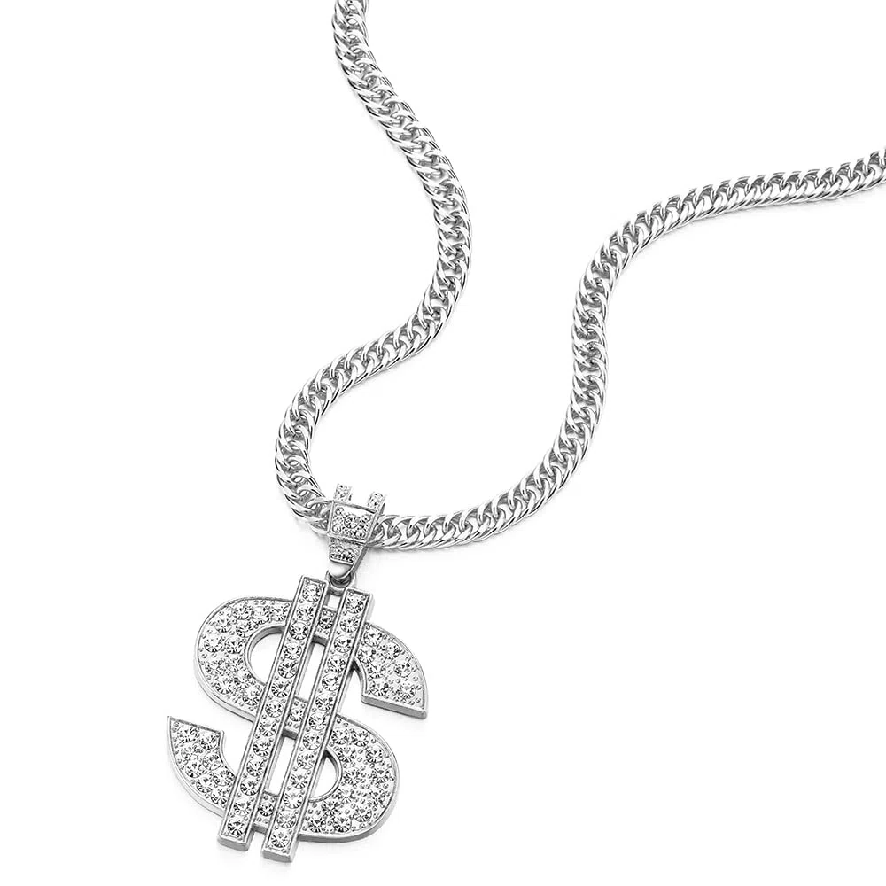 COOLSTEELANDBEYOND Hip Hop Punk Grande US Dollaro Segno Denaro Collana Pendente con Strass da Uomo Donna, Corda Catena 80CM