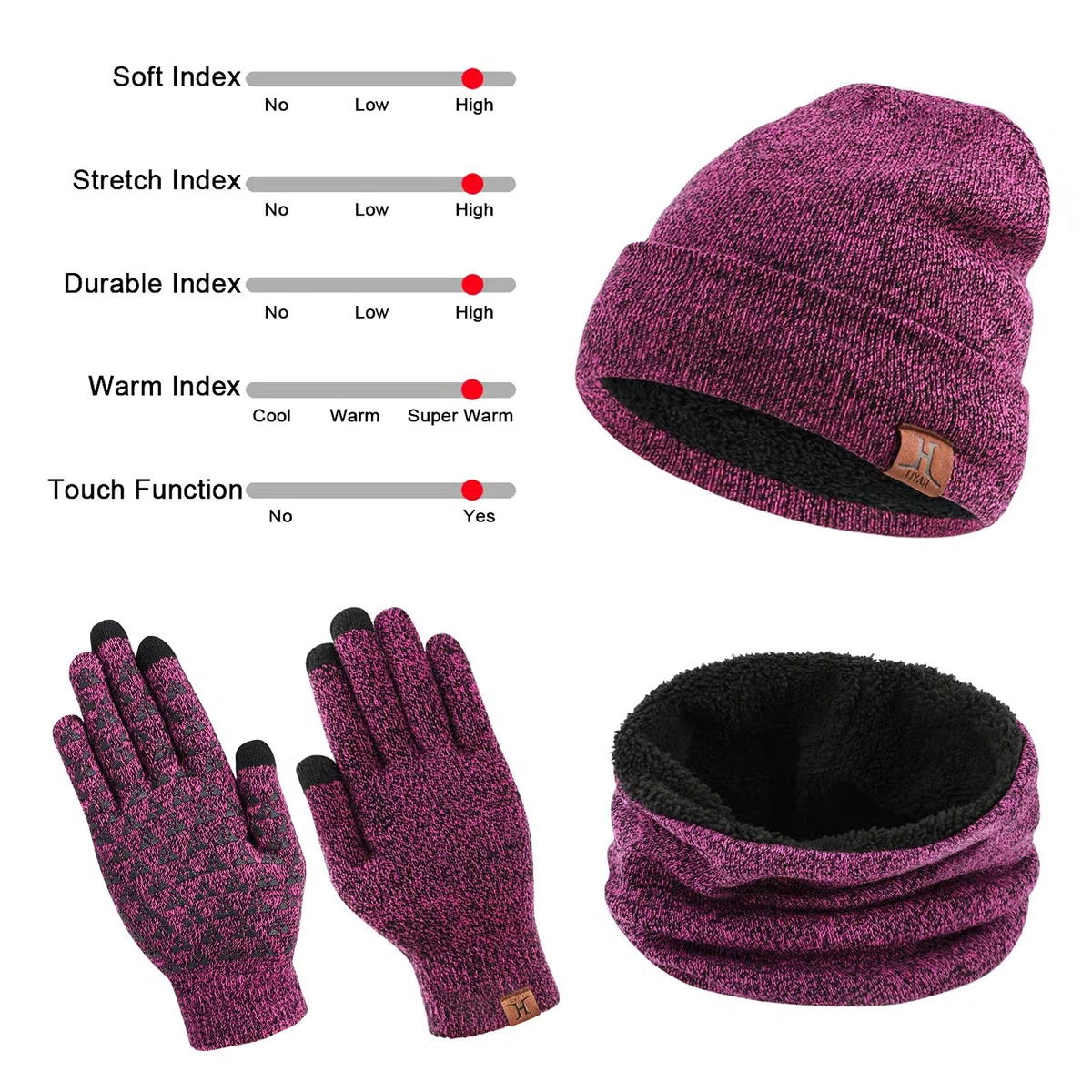 TAGVO Winter Beanie Hat, Scarf, Touch Screen Gloves 3 in 1 Kit di Accessori Caldi, Interna Morbido, Berretto Elasticizzato in Maglia per Berretto, Scaldacollo Elastico, 3 Dita Guanti Touch Screen