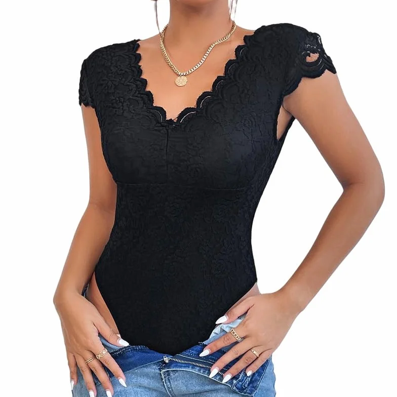 Haibang Body in Pizzo da Donna Sexy Scollo a V Bodysuit Top Floreale Aderente Camicetta a Maniche Corte Body Sottogiacca Elegante Cami Camicie Maglietta Blusa Clubwear