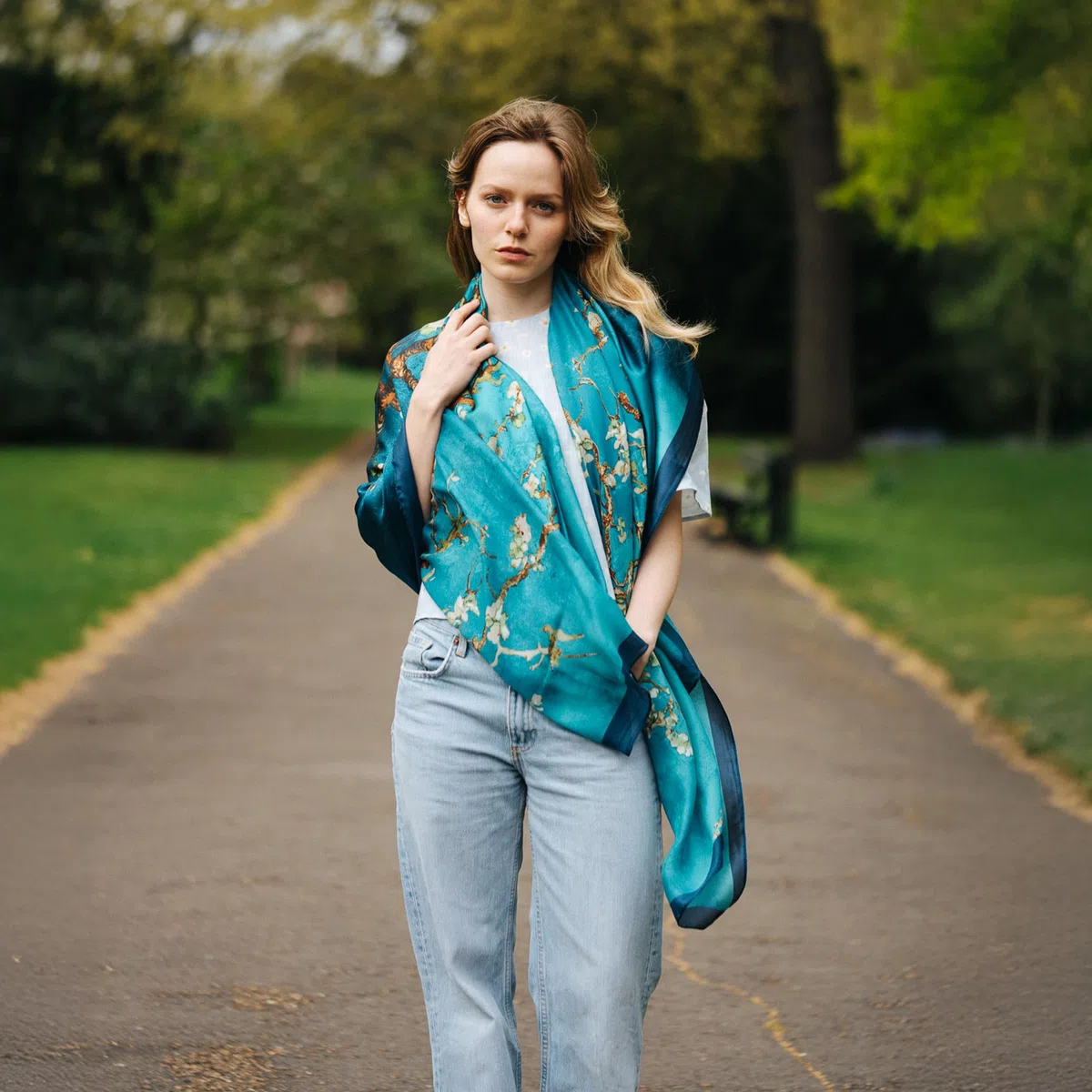Trillion London® - Sciarpa in seta da donna, firmata, collezione primaverile, leggera, scialle avvolgente, beige, adatta per la vita quotidiana e viaggi, finitura liscia e morbida