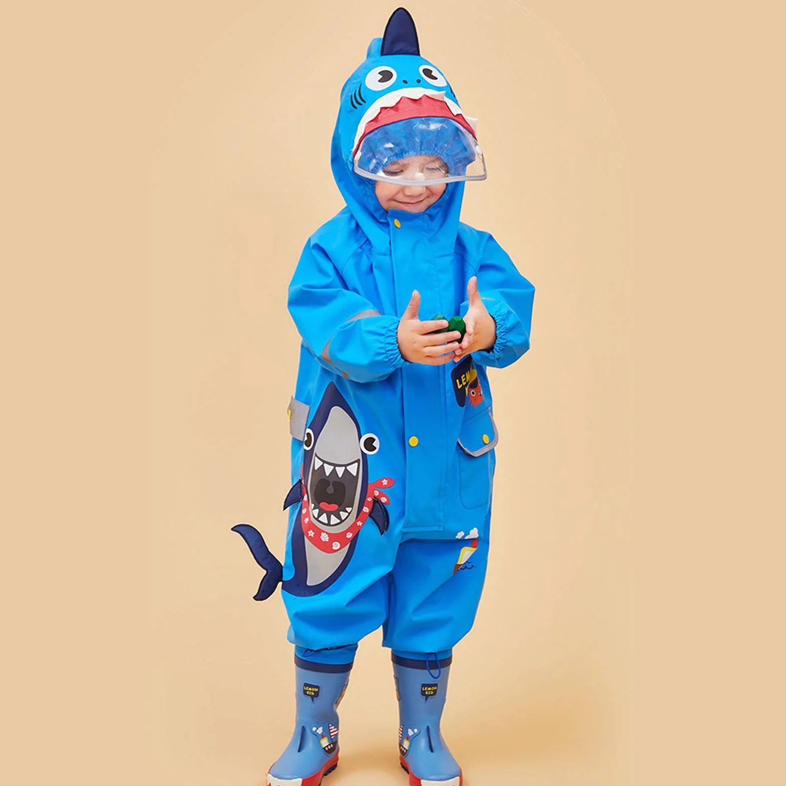 JinBei Vestiti per bambini Ragazzi Ragazze All in One Impermeabile con Cappuccio Impermeabile Unisex Leggero Carino Modello 3D Rainsuits Poncho Traspirante Cappello Trasparente Strisce Riflettenti