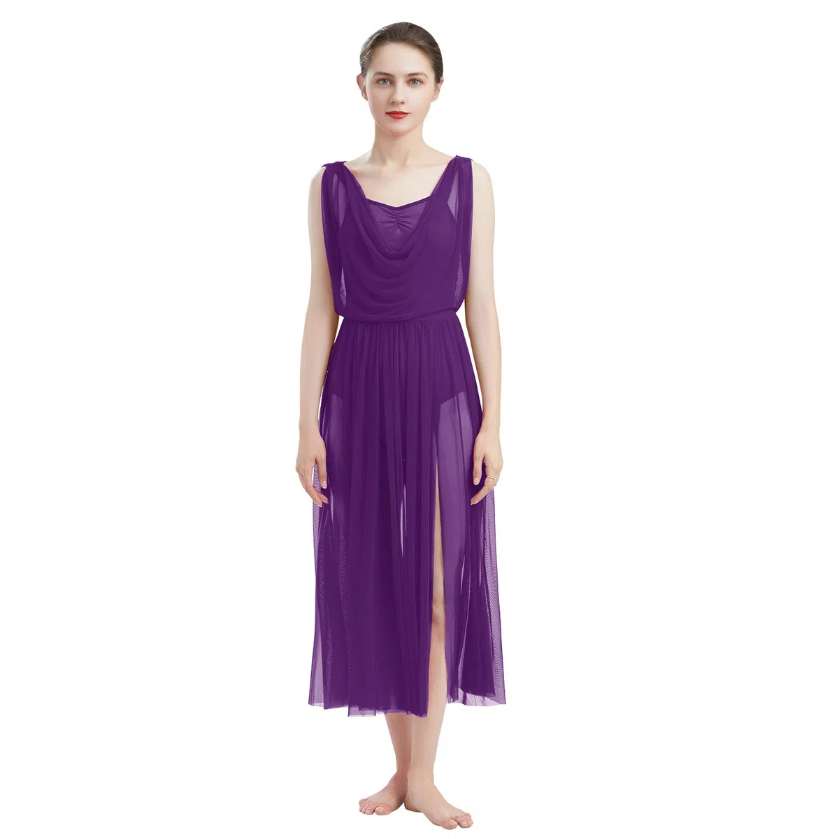 Donne Lirico Vestito da Ballo di Balletto Senza Maniche Body da Ginnastica Senza Schienale con Gonna in Tulle a Fette Costume da Danza Moderno Contemporaneo