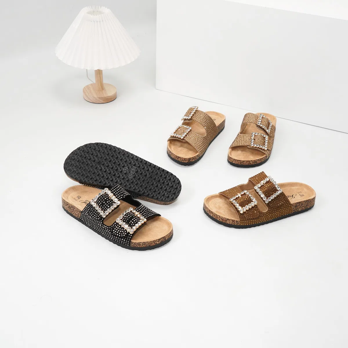 JOMIX Ciabatte Donna Estate Sandali Glitterate con Fibbia Strass Pantofole con Suola in Sughero Comode Antiscivolo per Vacanze e Passeggiate Casual Beach
