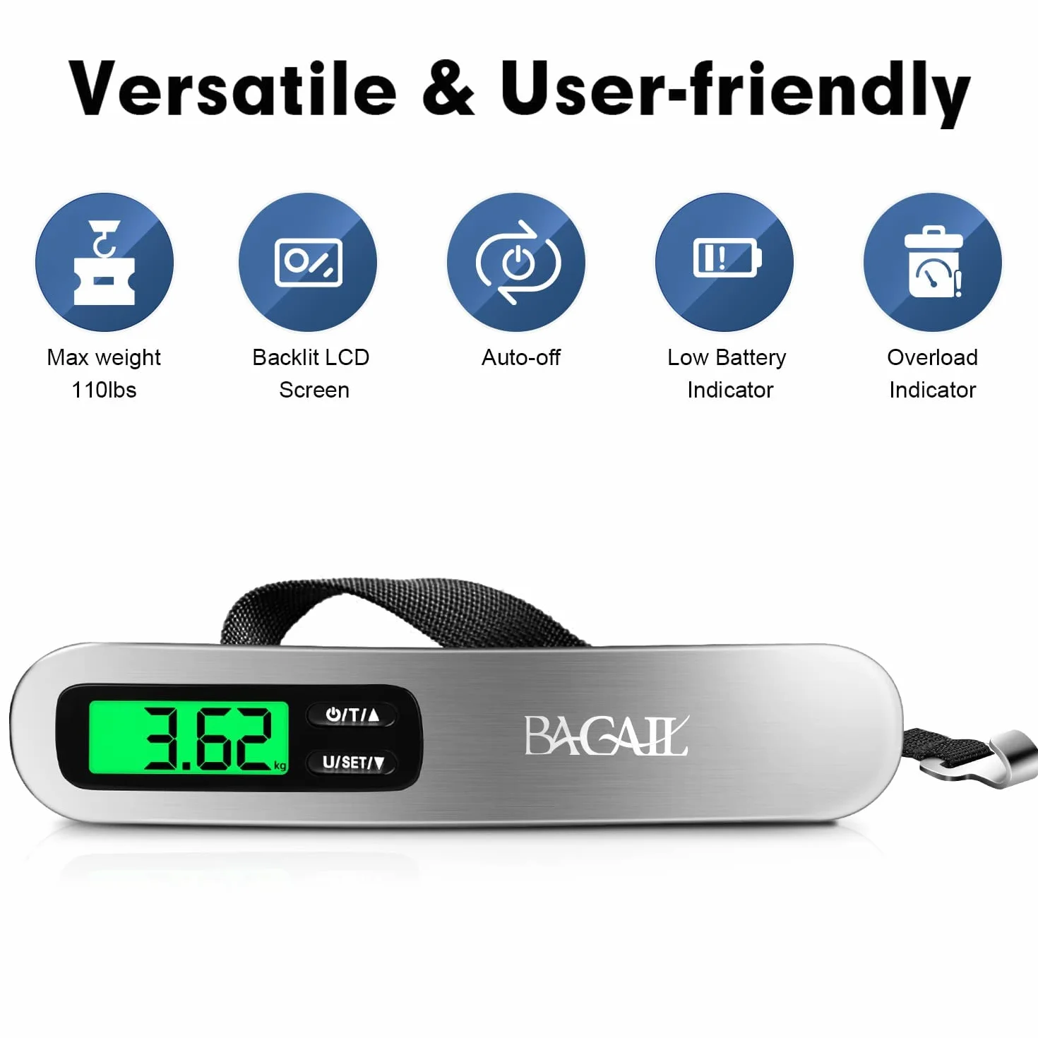 BAGAIL Bilancia per bagagli digitale, Pesavaligie Sospesa con Display LCD Retroilluminato, Bilancia da Viaggio, Bilancia per Valigie Portatile con Gancio, Capacità 110 libbre/50 kg, Batteria Inclusa